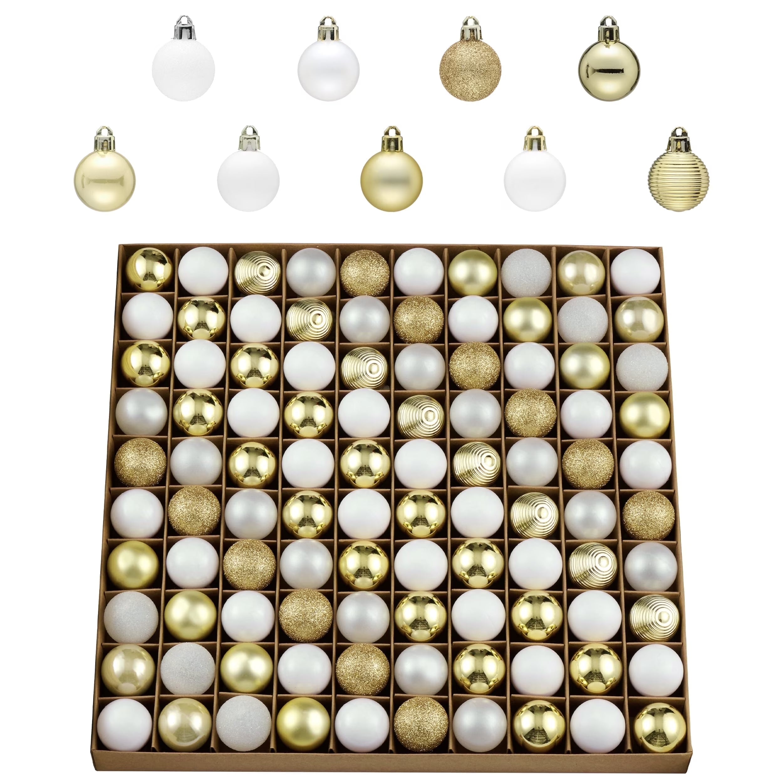 100Ct Mini Christmas Ornaments, White Gold Hanging Christmas Tree Ornaments for Holidy Decor