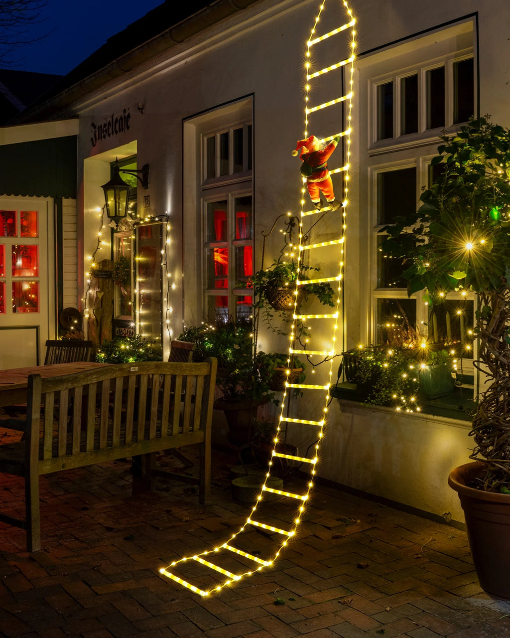 Christmas Lights Outdoor, 10Ft Christmas Decorative Ladder Lights with Santa Claus, LED Christmas Lights for Porch, Window, Xmas Tree Decorations (Warm White)