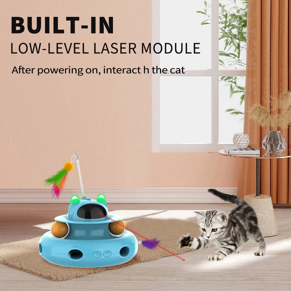 4-in-1 Interactive Indoor Cat Toy - Laser & Retractable Feather Wand, USB Rechargeable, Fun Blue Design