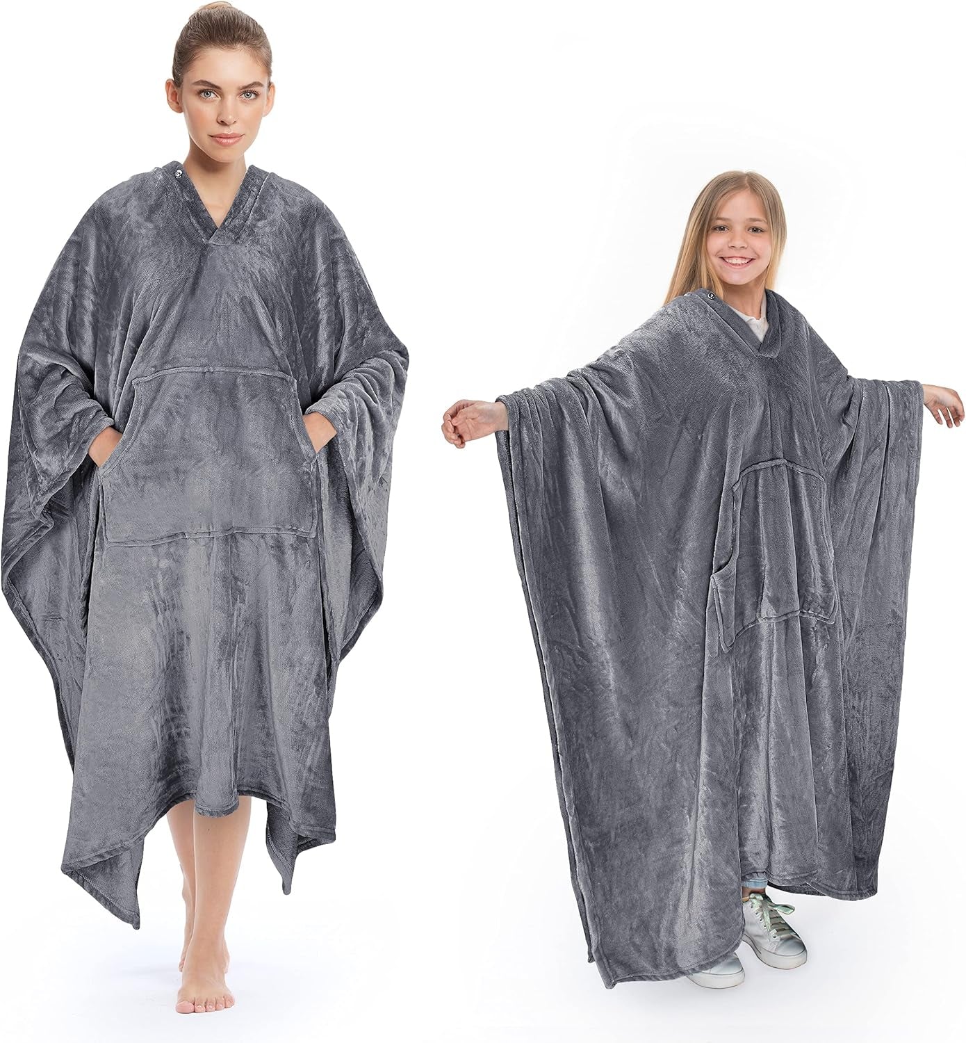 Super Soft Wearable Poncho Blanket - Cozy Plush Fleece Throw for Adults & Kids, Perfect for Indoor & Outdoor Use, 55''X 80'' Grey