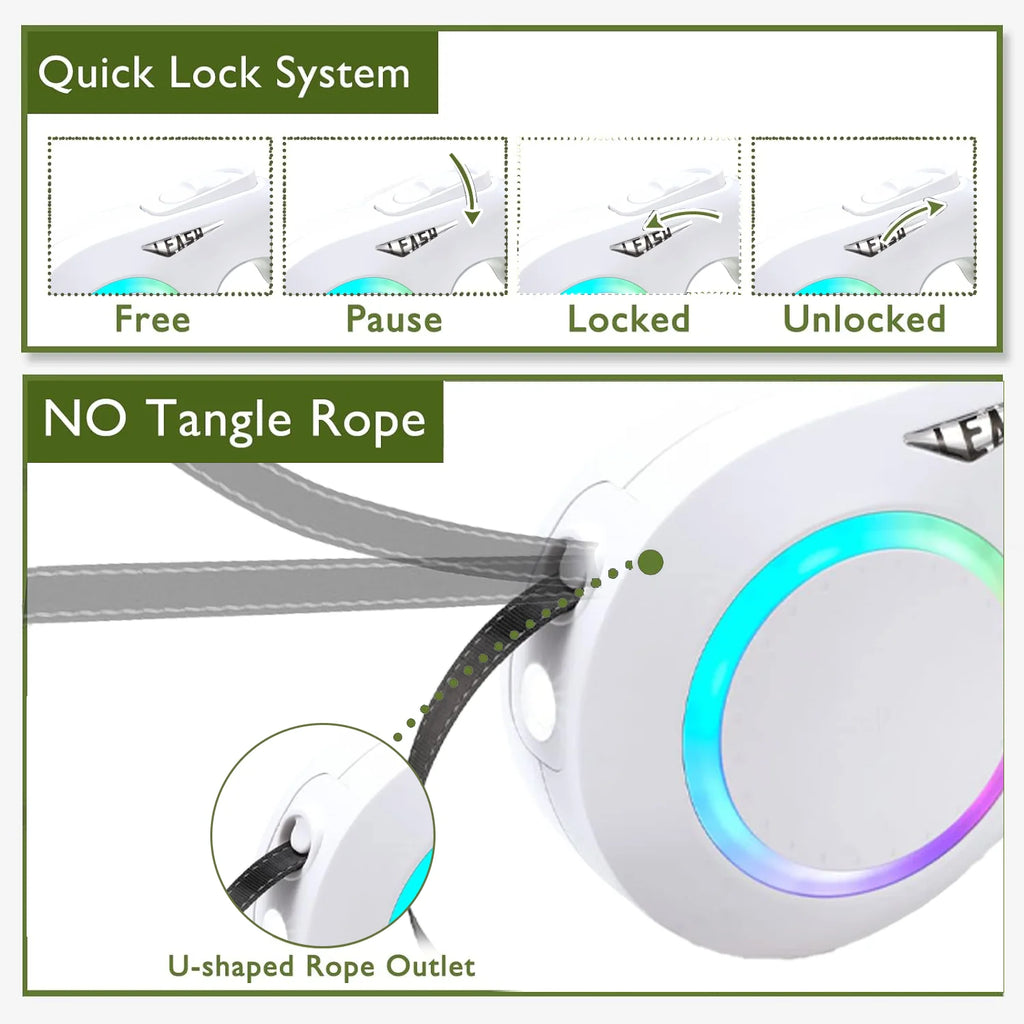 Illuminate Your Night Walks: 16FT Rechargeable LED Dog Leash with Tangle-Free Design & Ergonomic Handle for Small to Medium Dogs up to 55Lbs (White)