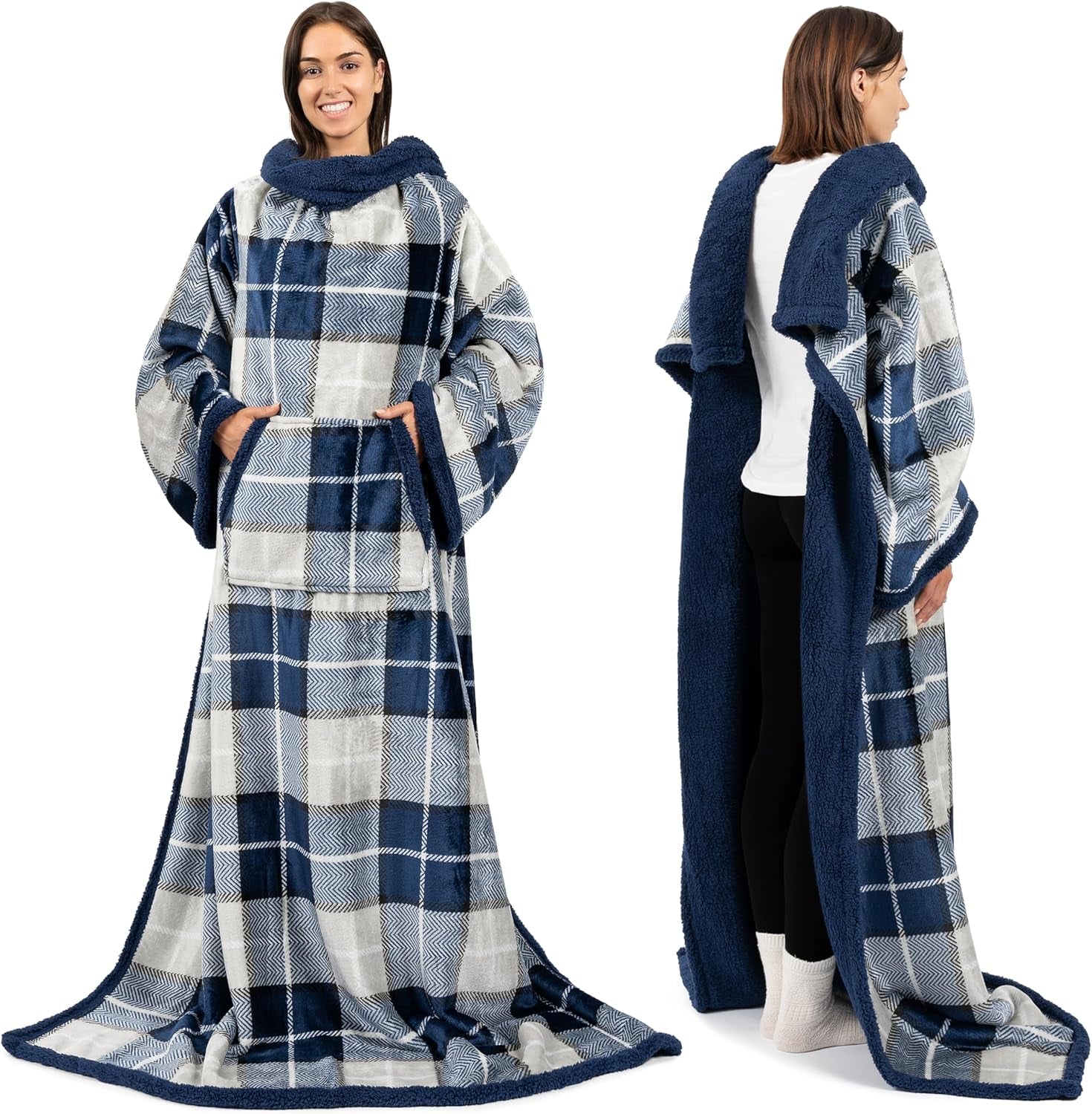Cozy Sherpa Wearable Blanket with Sleeves & Pocket - Perfect Christmas Gift for Women & Men in Navy Blue Plaid