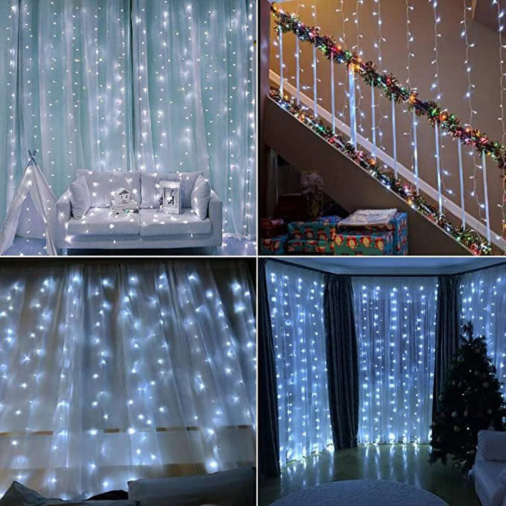 Christmas Decoration Curtain String Lights with Remote Control Timer, Christmas Lights, White, 300 Leds