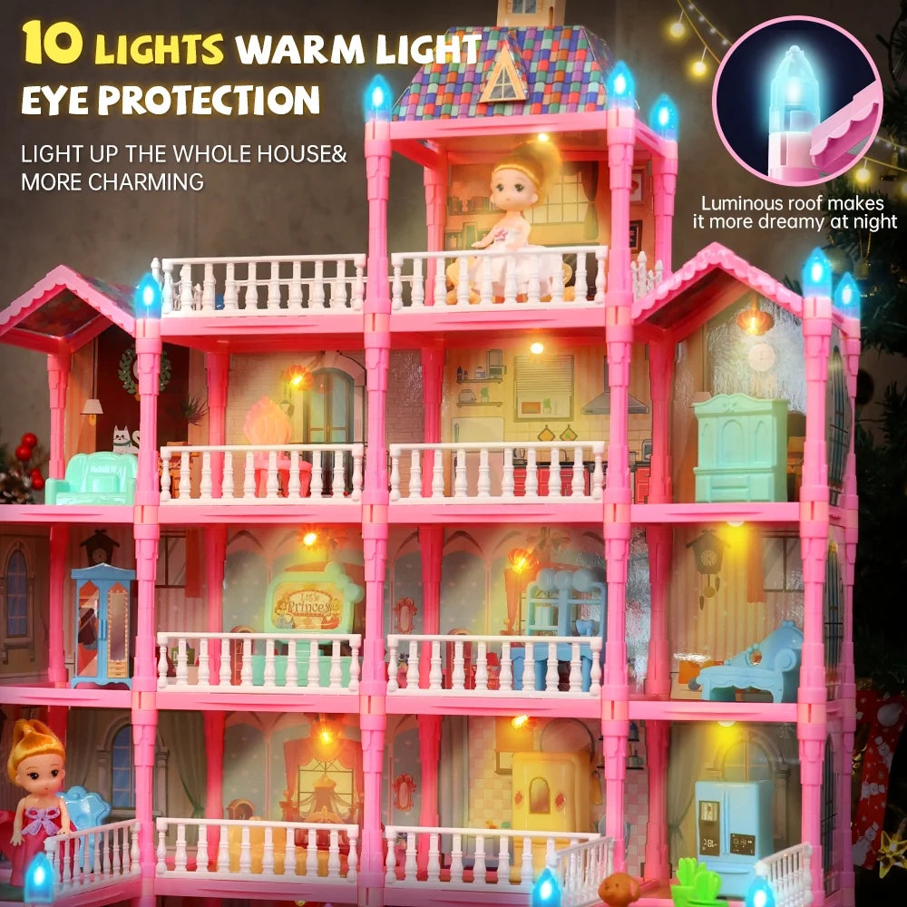 5-Story Dollhouse Playset for Girls with LED Lights, 19 Rooms, 2 Dolls, Furniture, and Accessories - Ideal Gift for Kids, Pink