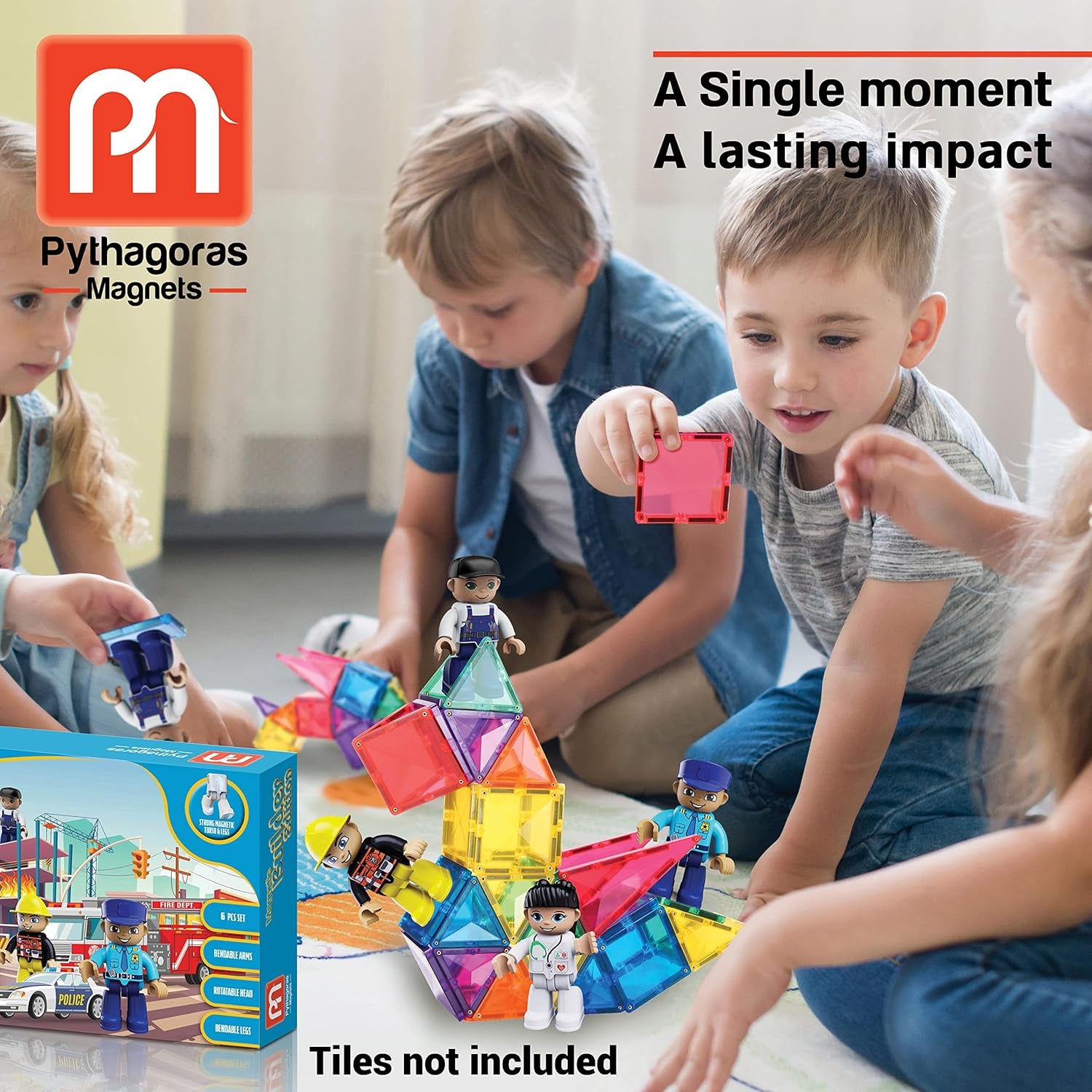 Magnetic Figures Set of 4 Toddlers Community Action Toy People, Magnetic Tiles Expansion Pack for Boys and Girls Nurse, Builder, Fireman, Police Educational Stem Toys Add on Sets for Magnetic Block