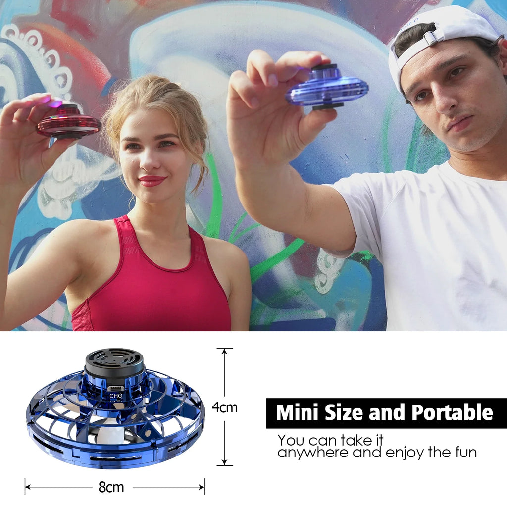 Blue Flying Spinner Mini UFO Drone - Hand Operated Fidget Spinner Toy with 360° Rotation & LED Lights for Kids and Adults