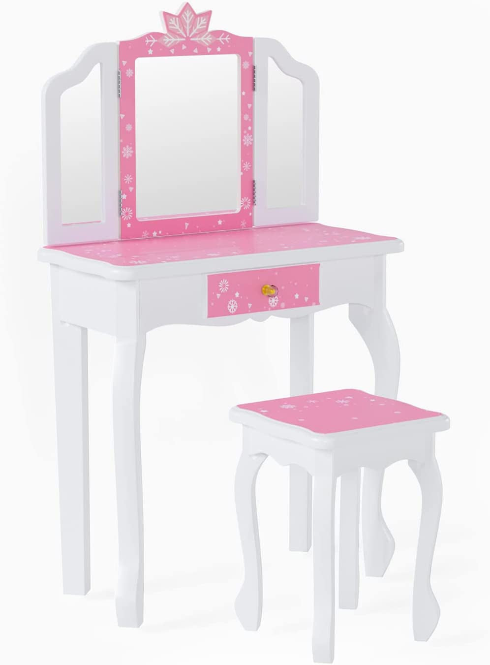 Pink Kids Vanity Set - Wooden Princess Makeup Table with Tri-Folding Mirror & Stool, Perfect Pretend Play Beauty Set for Girls