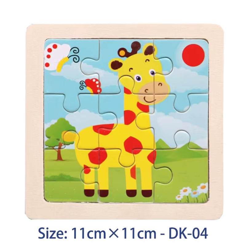 Colorful 11cm Wooden Jigsaw Puzzle for Kids - Fun Cartoon Animal & Vehicle Patterns - Montessori Educational Toy