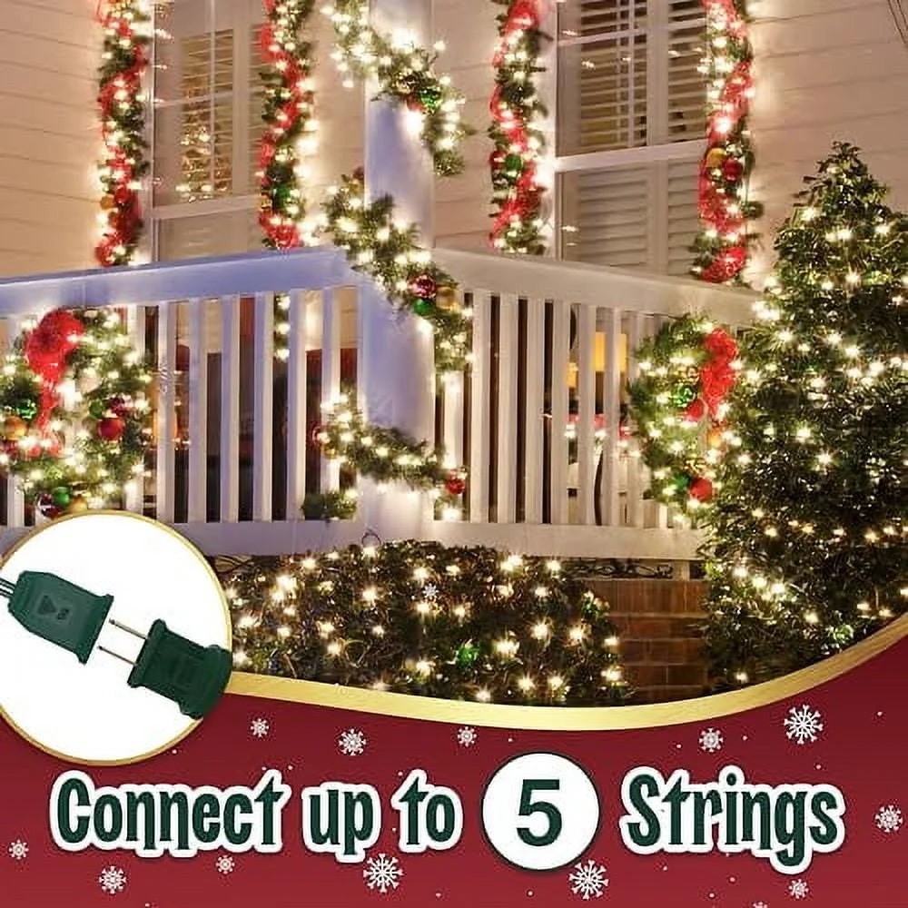 105 Incandescent String Lights with Green Wire and White Bulbs, Christmas Tree Lights