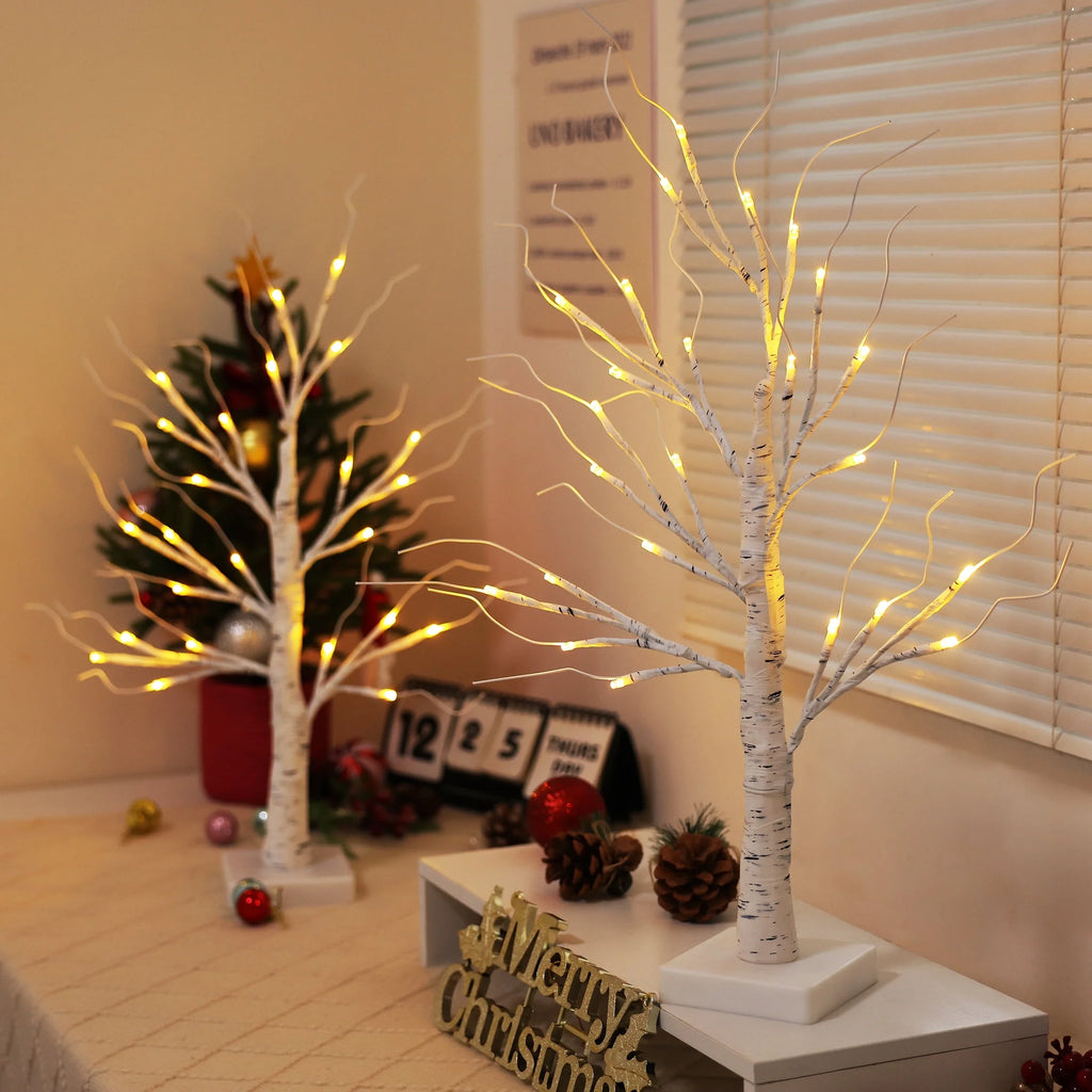 2Pack Christmas Tree Decorations - Birch Fairy Light Spirit Trees with 24 LED Warm White Lights, Usb/Battery Powered Indoor Holiday Decor, 2 FT