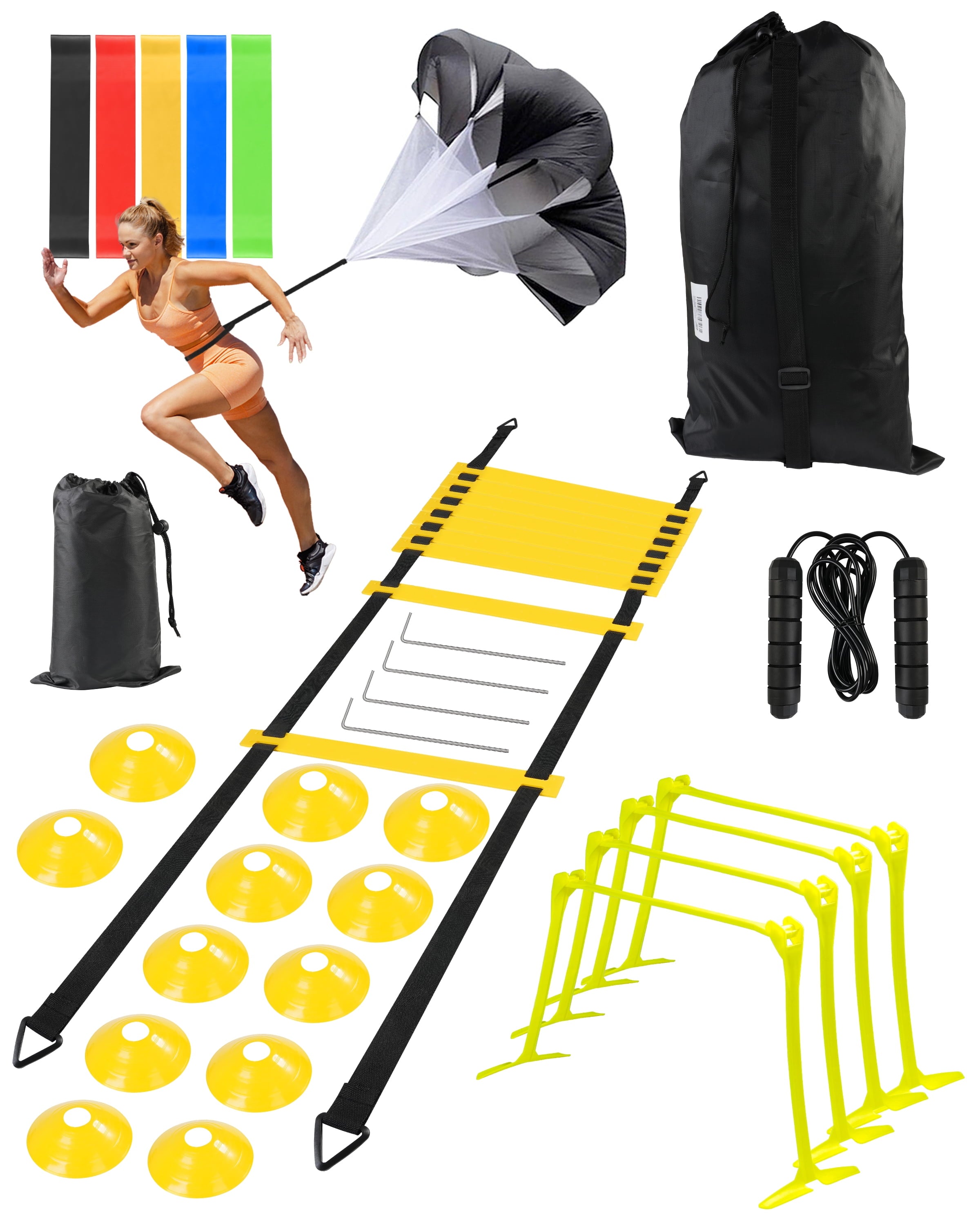 DF  Ultimate Speed and Agility Training Set for Kids - 20Ft Ladder, Cones, Hurdles, Resistance Parachute & Jump Rope for Basketball & Soccer