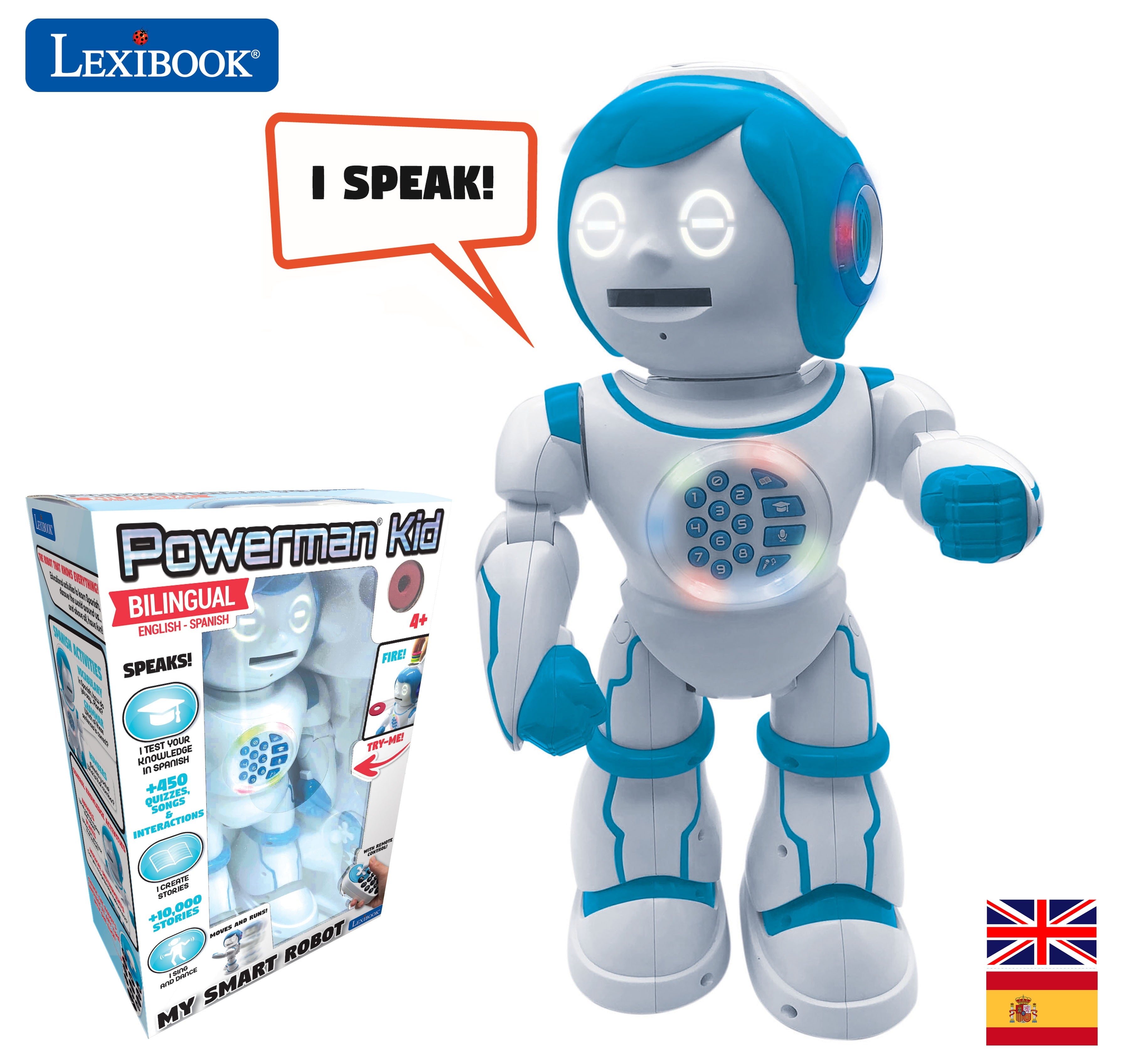 Powerman Kid - Bilingual English/Spanish Educational Robot with Dancing, Singing, and Storytelling Features - STEM Programmable Toy with Quizzes and Disc Shooting Fun for Kids - ROB90EN