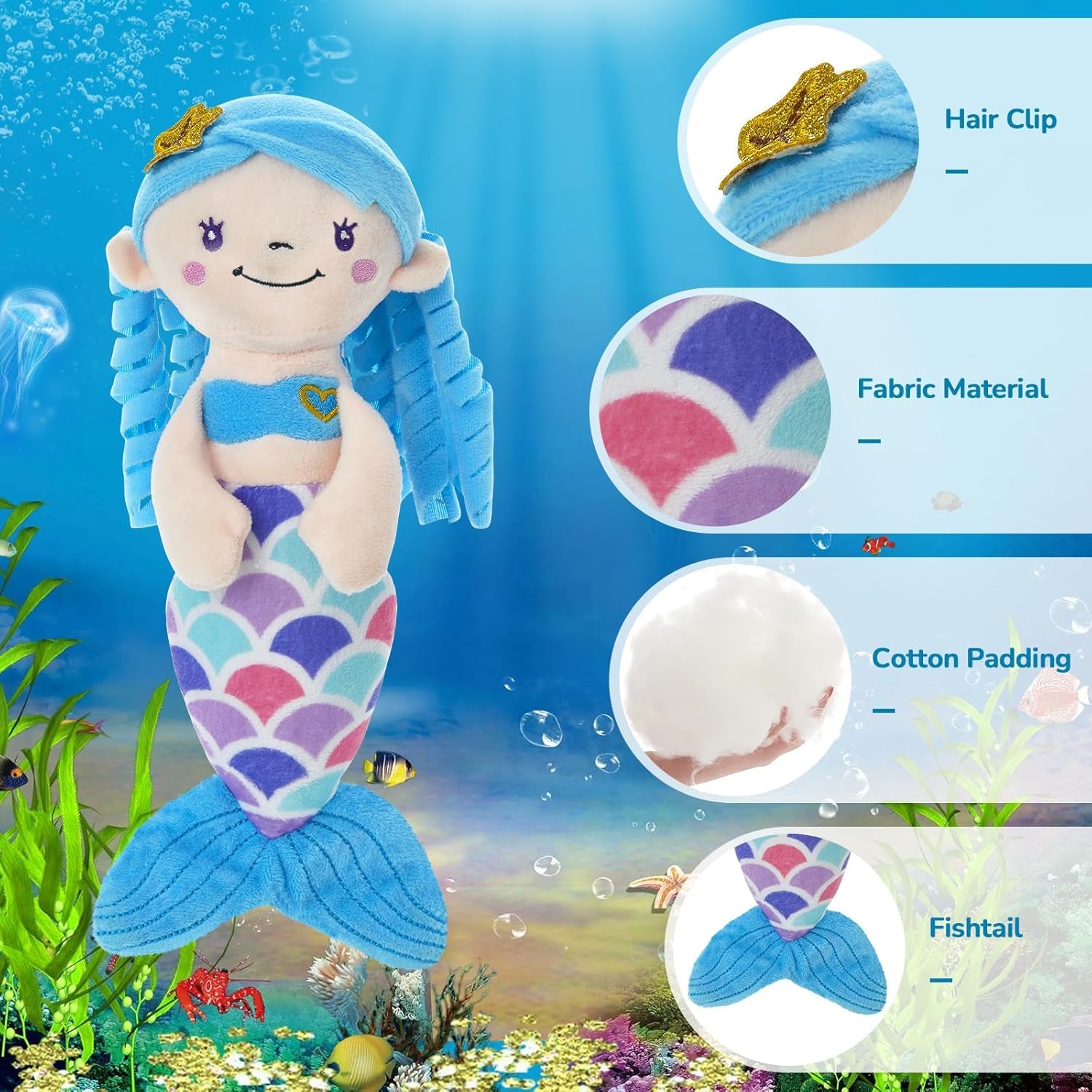 BLUE MERMAID STUFFED ANIMAL: PLUSH DOLL TOY, 12" 