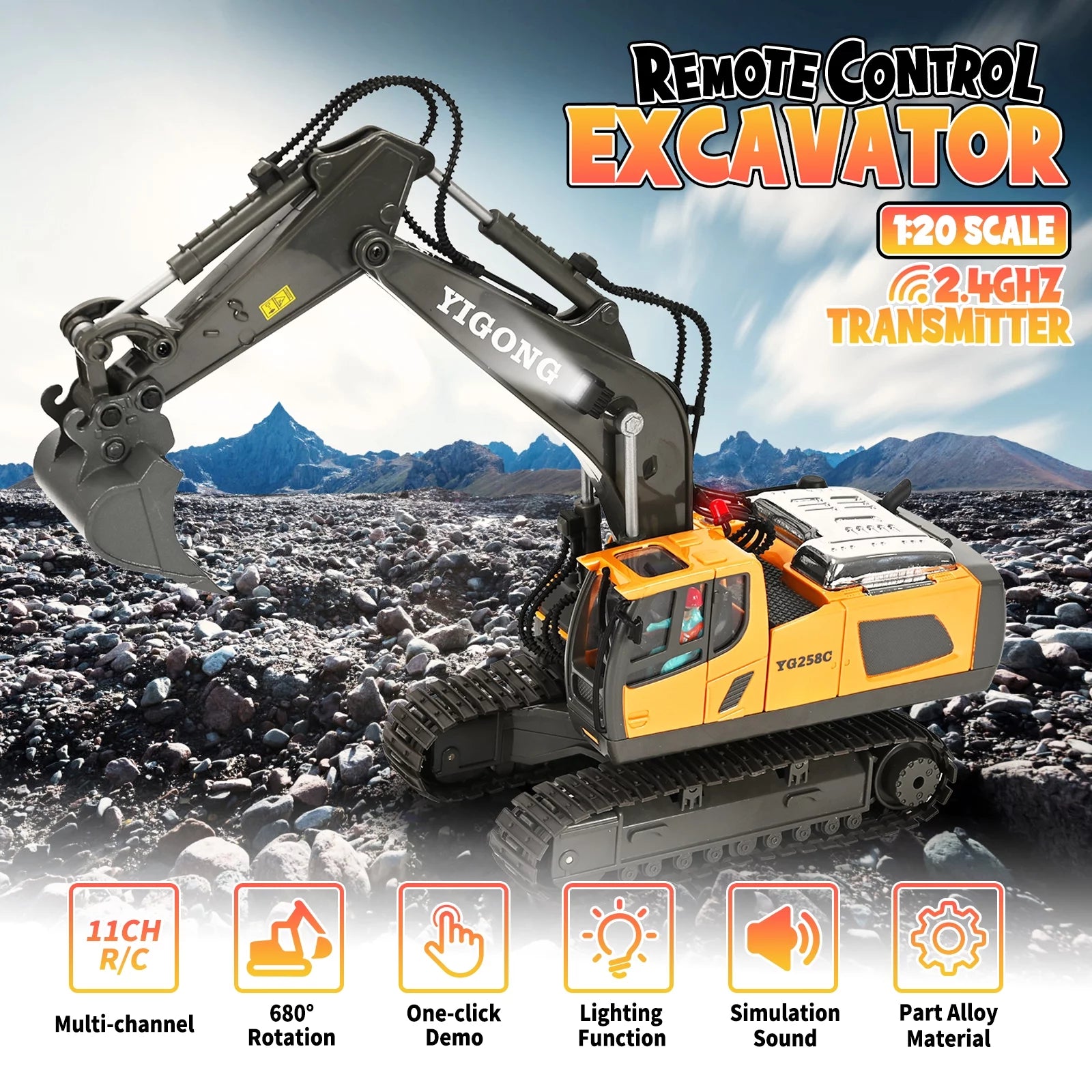 Ultimate 11-Channel Remote Control Excavator Toy - Rechargeable Construction Vehicle with Lights & Sounds - Perfect Gift for Kids Ages 3-12!