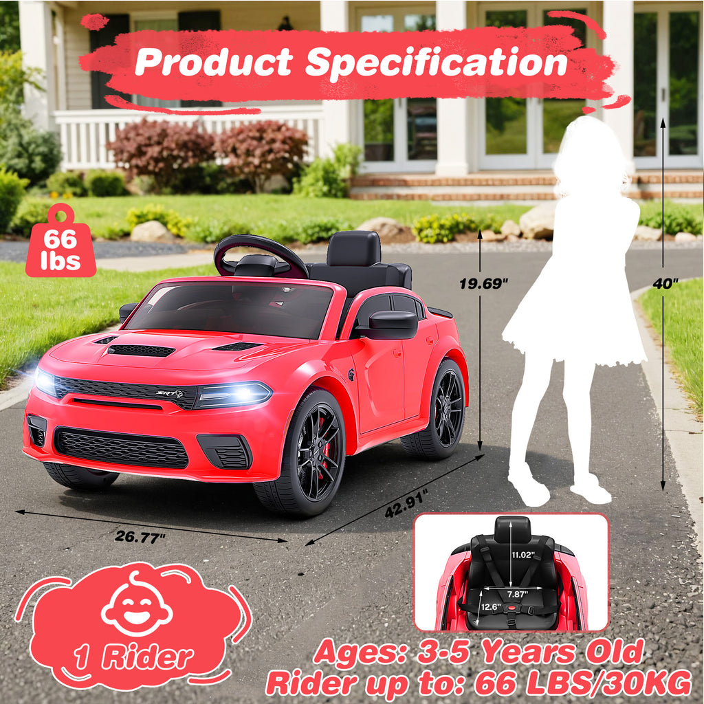 Dodge Charger SRT Hellcat 12V Electric Ride-On Car for Kids with Remote Control, Music Player & LED Lights - Perfect for Boys & Girls Ages 3-5 - Red