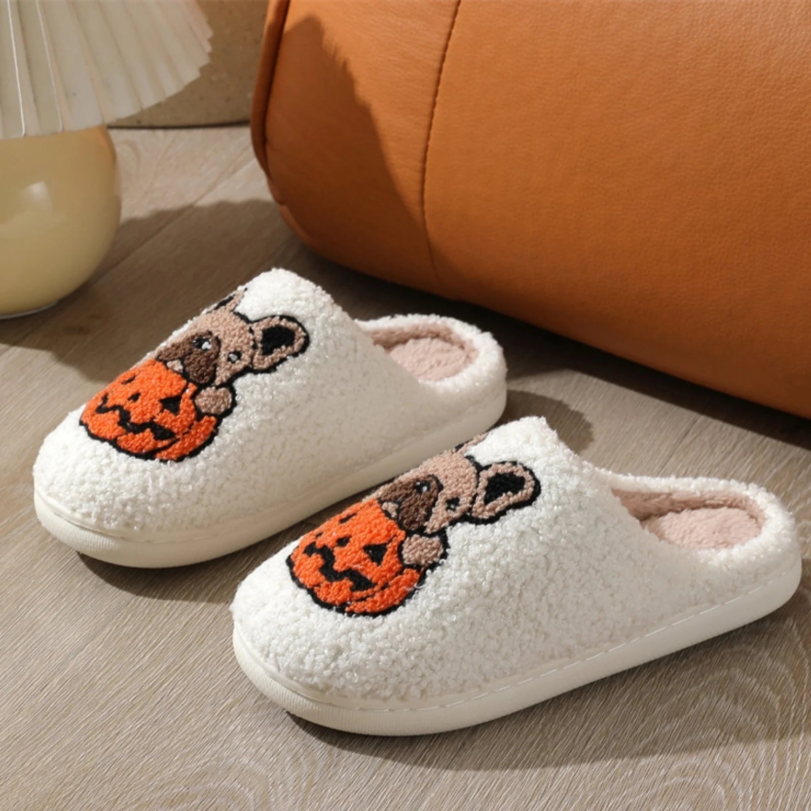 Adorable Ghost Print Plush Halloween Slippers - Cozy Slip-On House Shoes for Men and Women