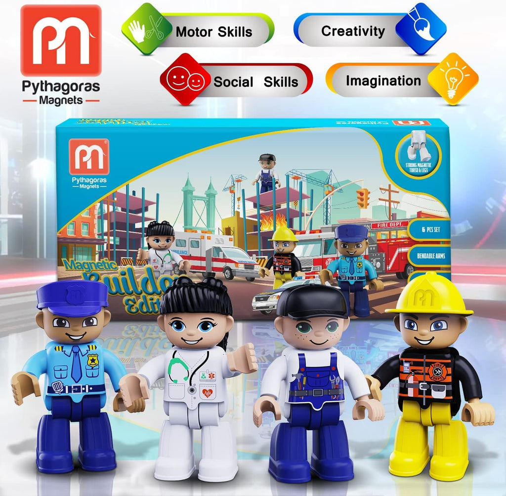 Magnetic Figures Set of 4 Toddlers Community Action Toy People, Magnetic Tiles Expansion Pack for Boys and Girls Nurse, Builder, Fireman, Police Educational Stem Toys Add on Sets for Magnetic Block
