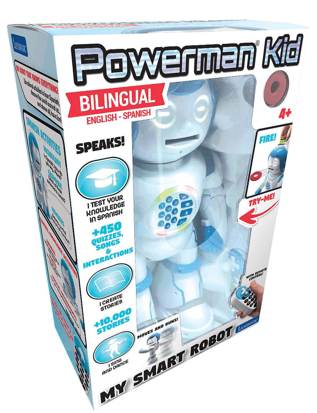 Powerman Kid - Bilingual English/Spanish Educational Robot with Dancing, Singing, and Storytelling Features - STEM Programmable Toy with Quizzes and Disc Shooting Fun for Kids - ROB90EN
