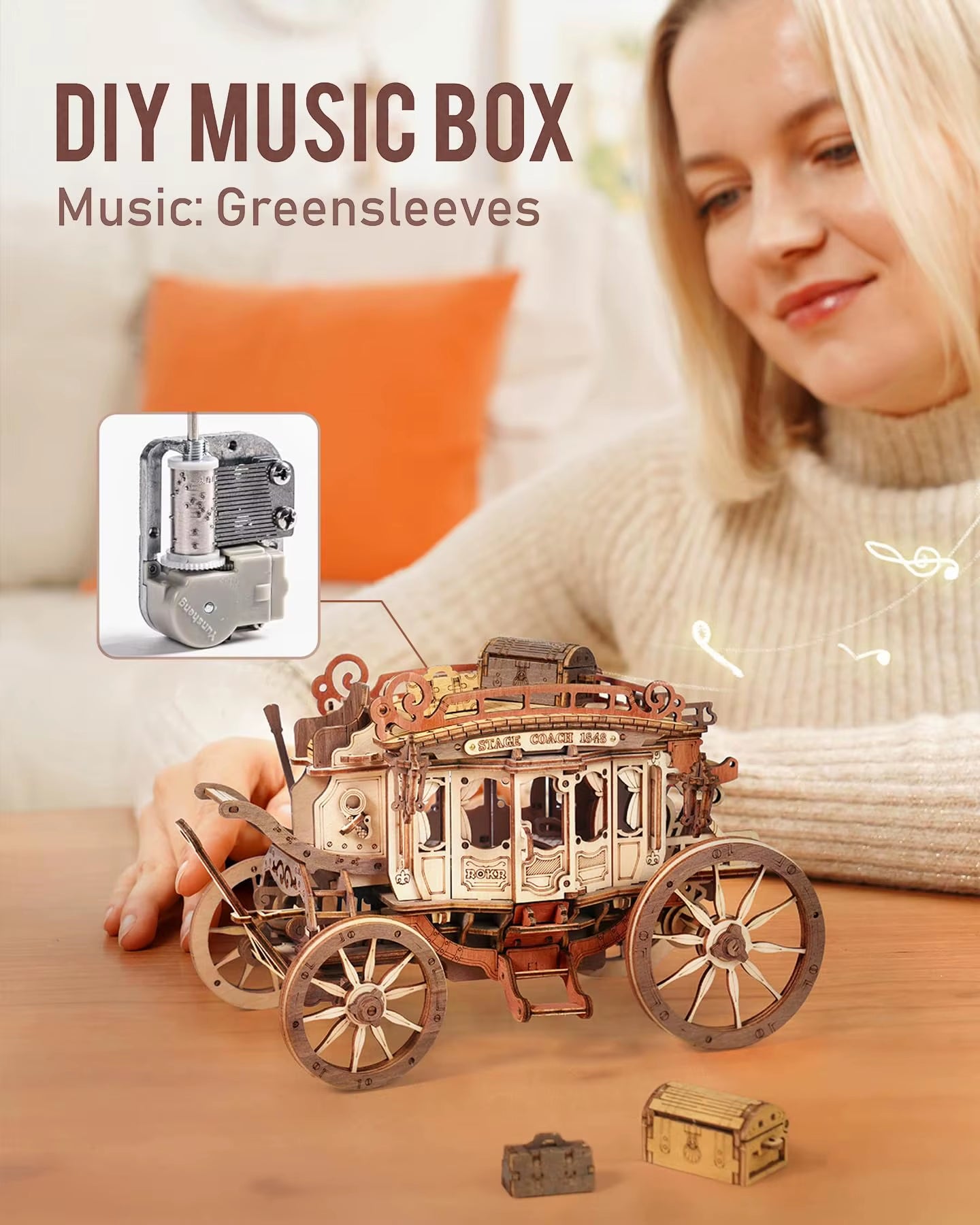 Enchanting  Rokr Stagecoach Music Box 3D Wooden Puzzle - Perfect Gift for Birthdays, Anniversaries & Hobbyists! Easy to Build STEM Kit for Adults