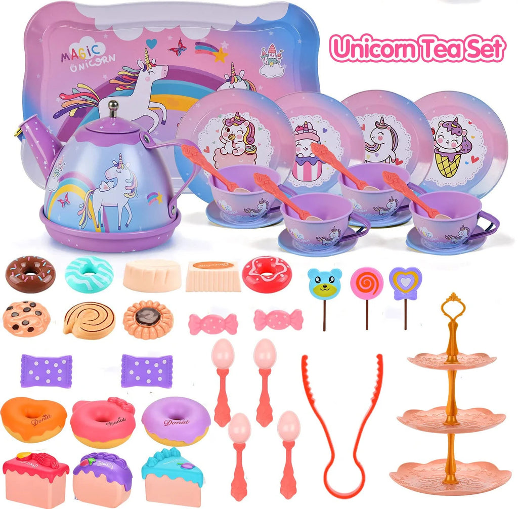 48-PIECE PLAY TEA PARTY SET FOR GIRLS: AGES 3-6, PRINCESS AND UNICORN THEMES