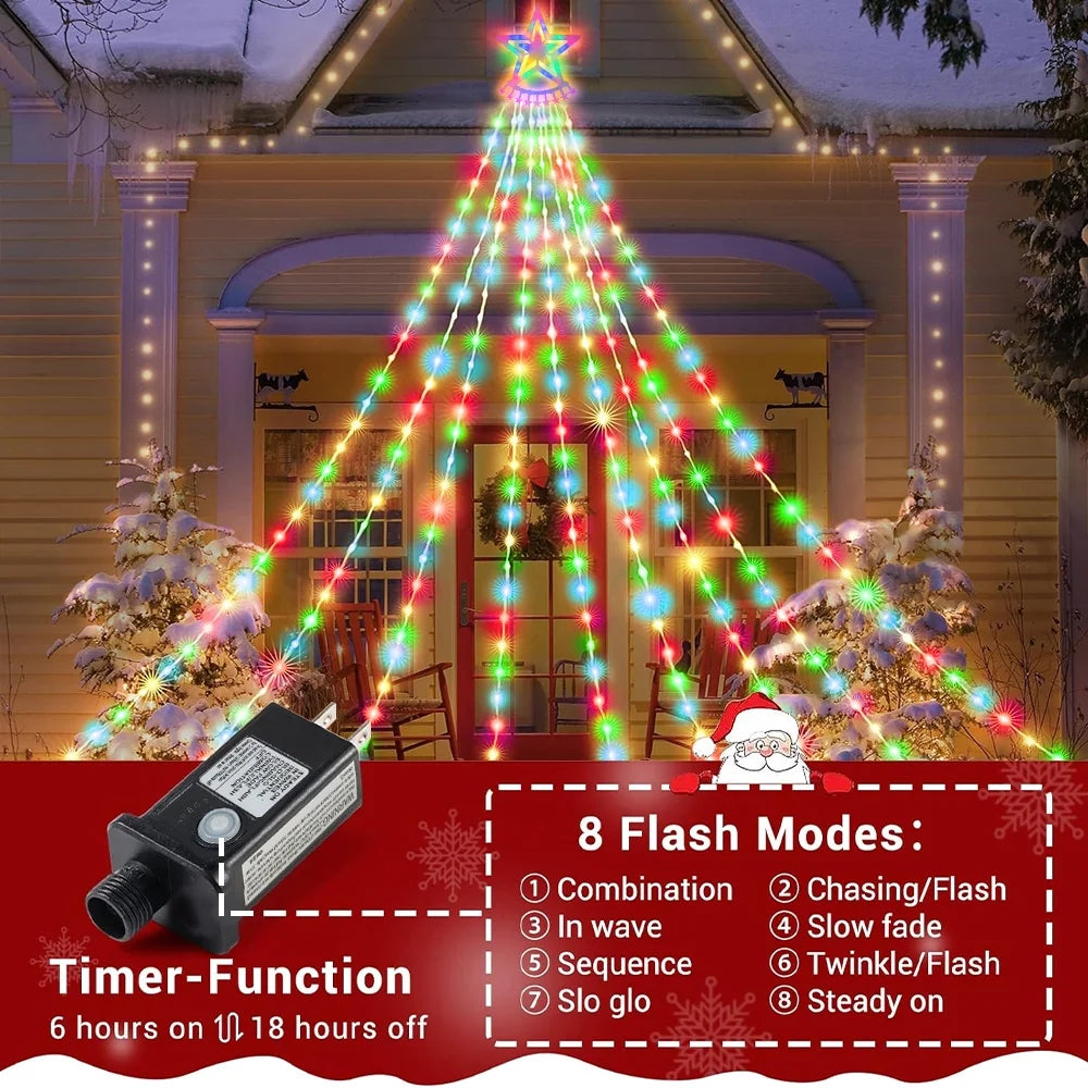 Christmas Lights with Star, 350 LED 25.8FT Star Waterfall String Christmas Fairy Lights with 8 Modes for Outdoor & Indoor Decoration, Multicolor