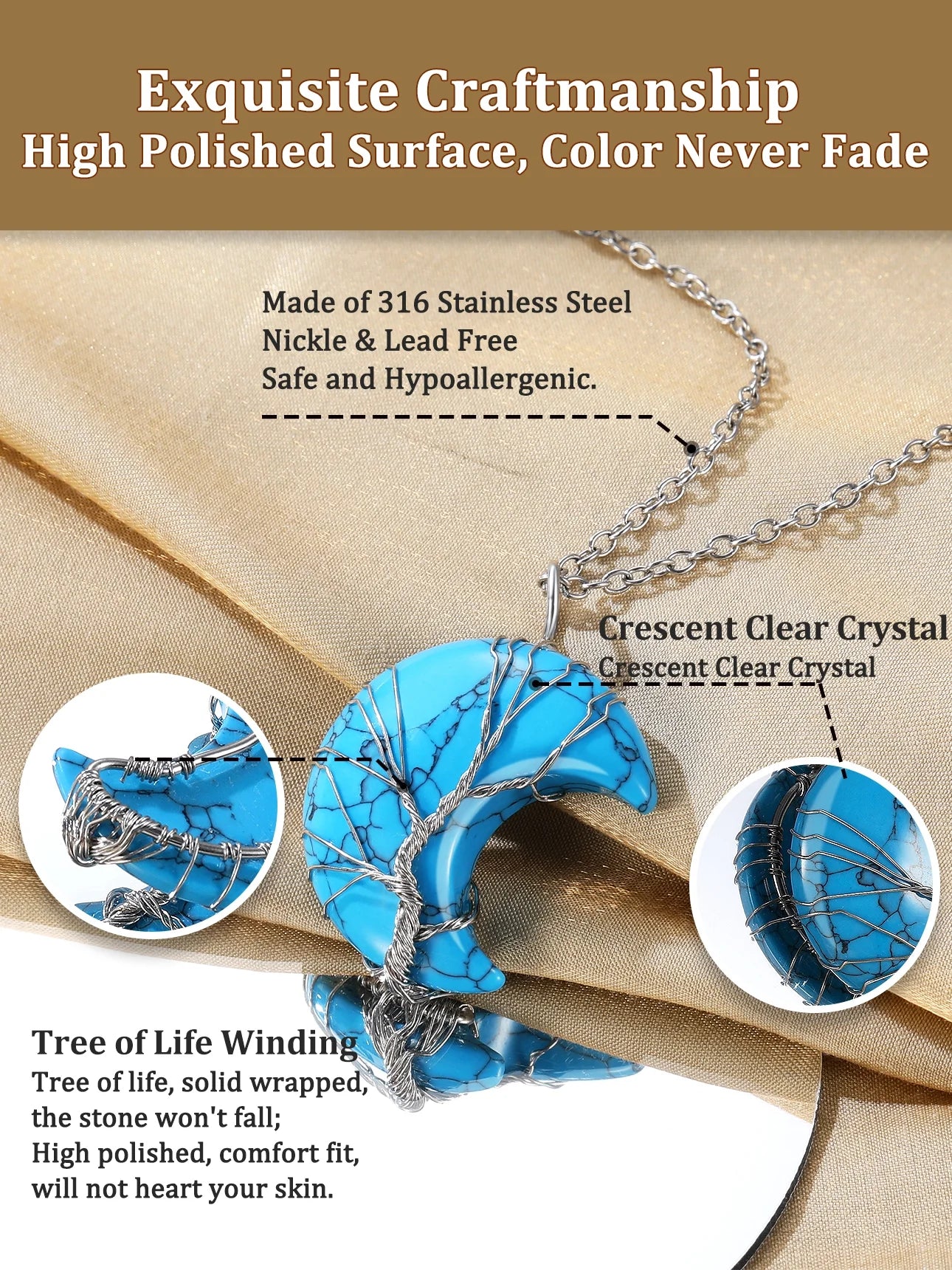 Stunning December Birthstone Necklace - Tree of Life Crescent Moon Pendant with Synthetic Blue Turquoise Healing Crystal for Women and Girls