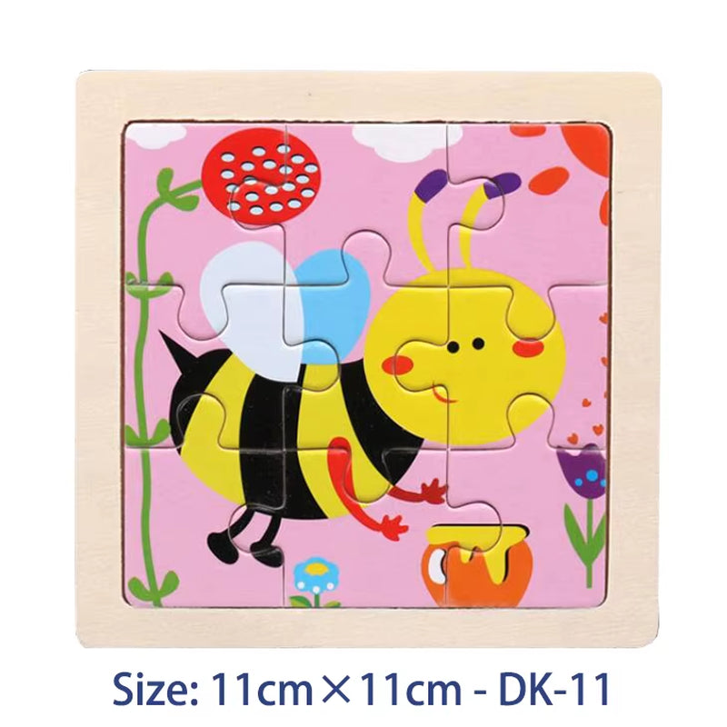 Colorful 11cm Wooden Jigsaw Puzzle for Kids - Fun Cartoon Animal & Vehicle Patterns - Montessori Educational Toy
