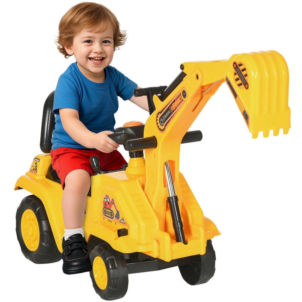 3-in-1 Ride-On Excavator Digger Scooter and Pulling Cart for Pretend Play Construction Activities