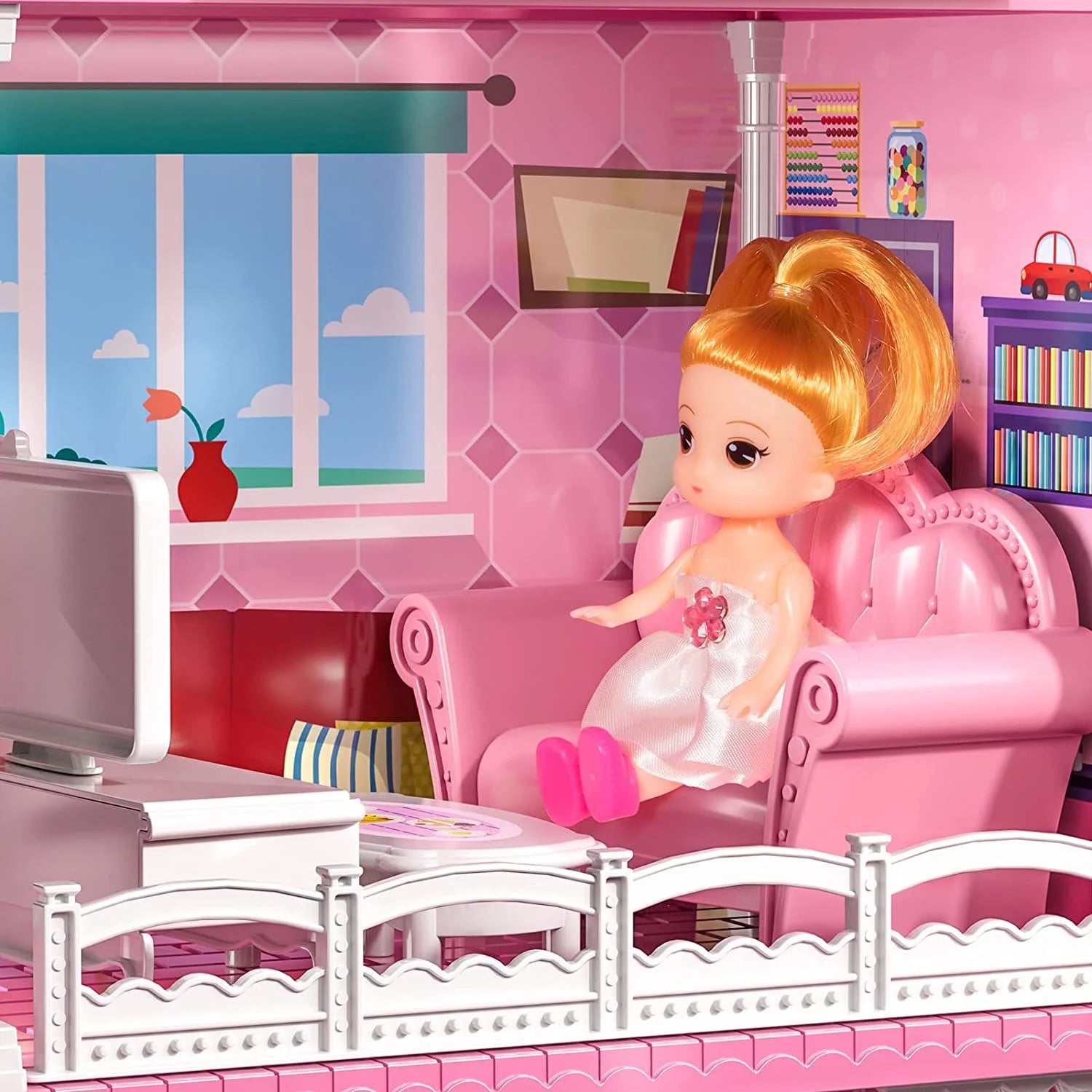 Luxurious 24.8'' Three-Story Dollhouse Set with Slide - 7 Rooms, 2 Dolls, 4 Puppies & Furniture Accessories - Perfect Pink Gift for Girls Ages 3+