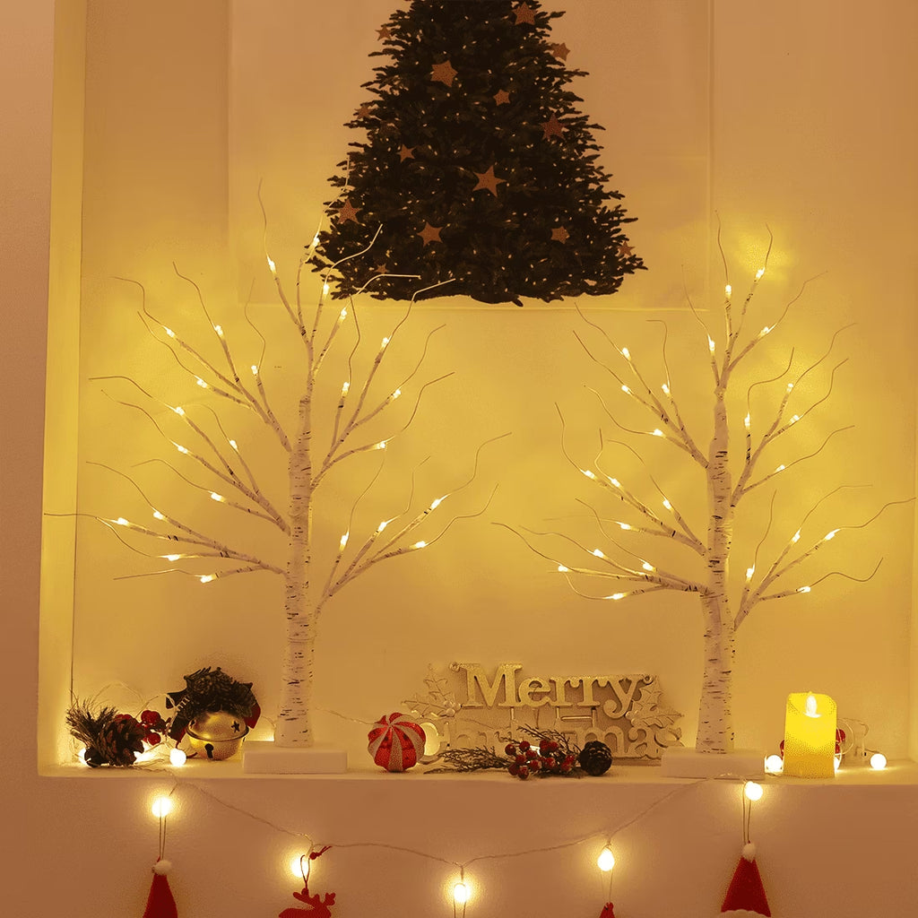 2Pack Christmas Tree Decorations - Birch Fairy Light Spirit Trees with 24 LED Warm White Lights, Usb/Battery Powered Indoor Holiday Decor, 2 FT