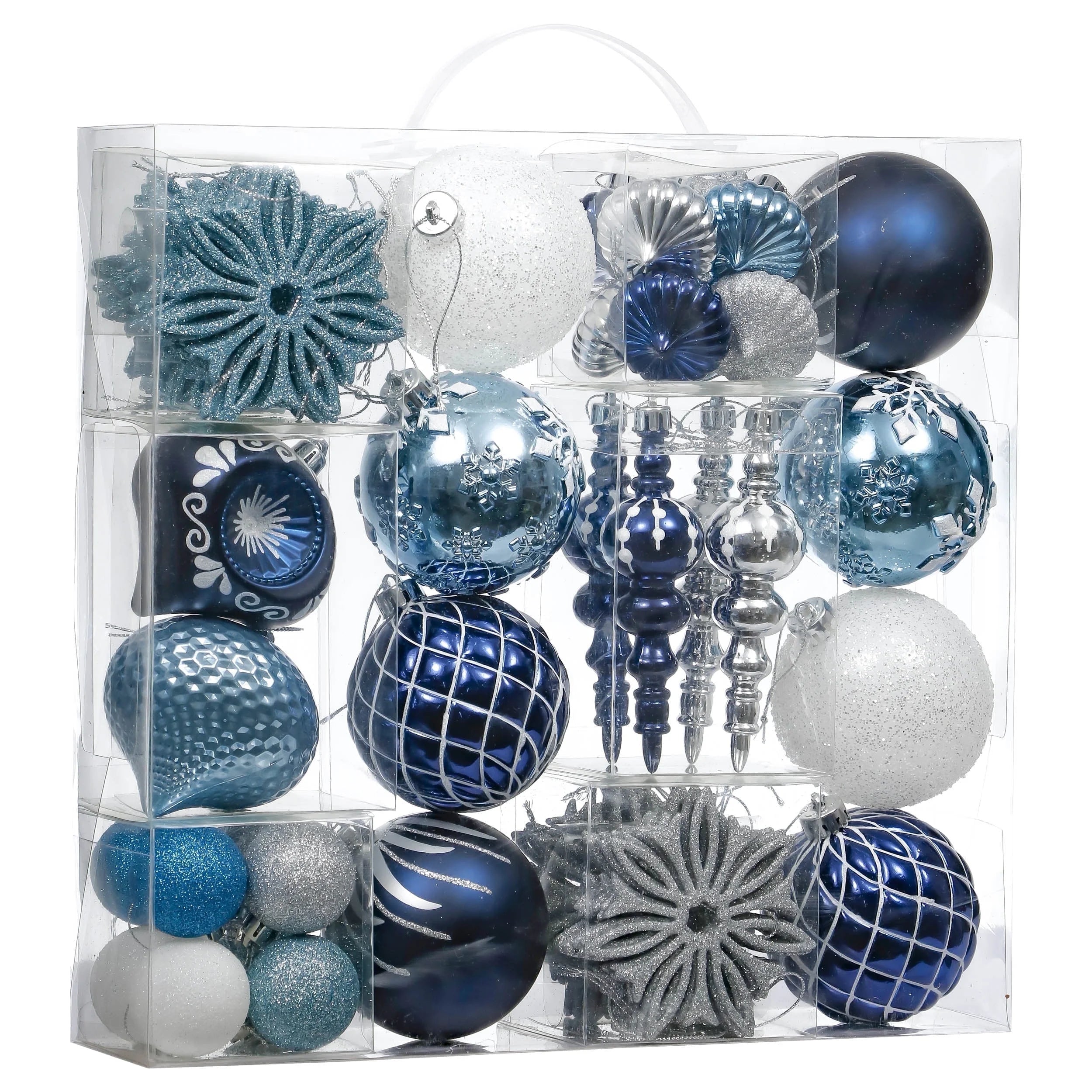 70Ct Christmas Ornaments Set, Silver Blue Christmas Tree Ornaments for Xmas Decor