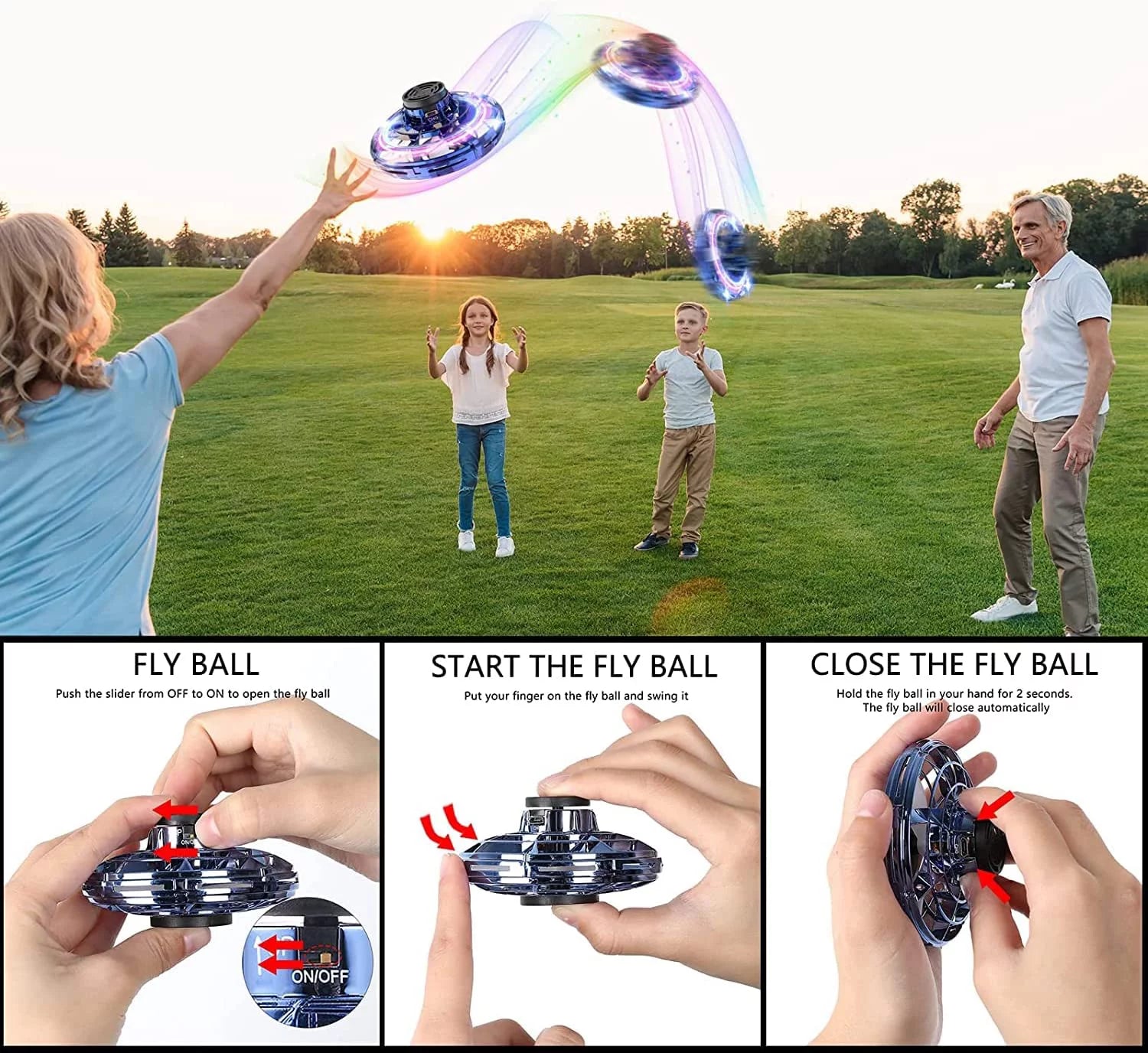Blue Flying Spinner Mini UFO Drone - Hand Operated Fidget Spinner Toy with 360° Rotation & LED Lights for Kids and Adults