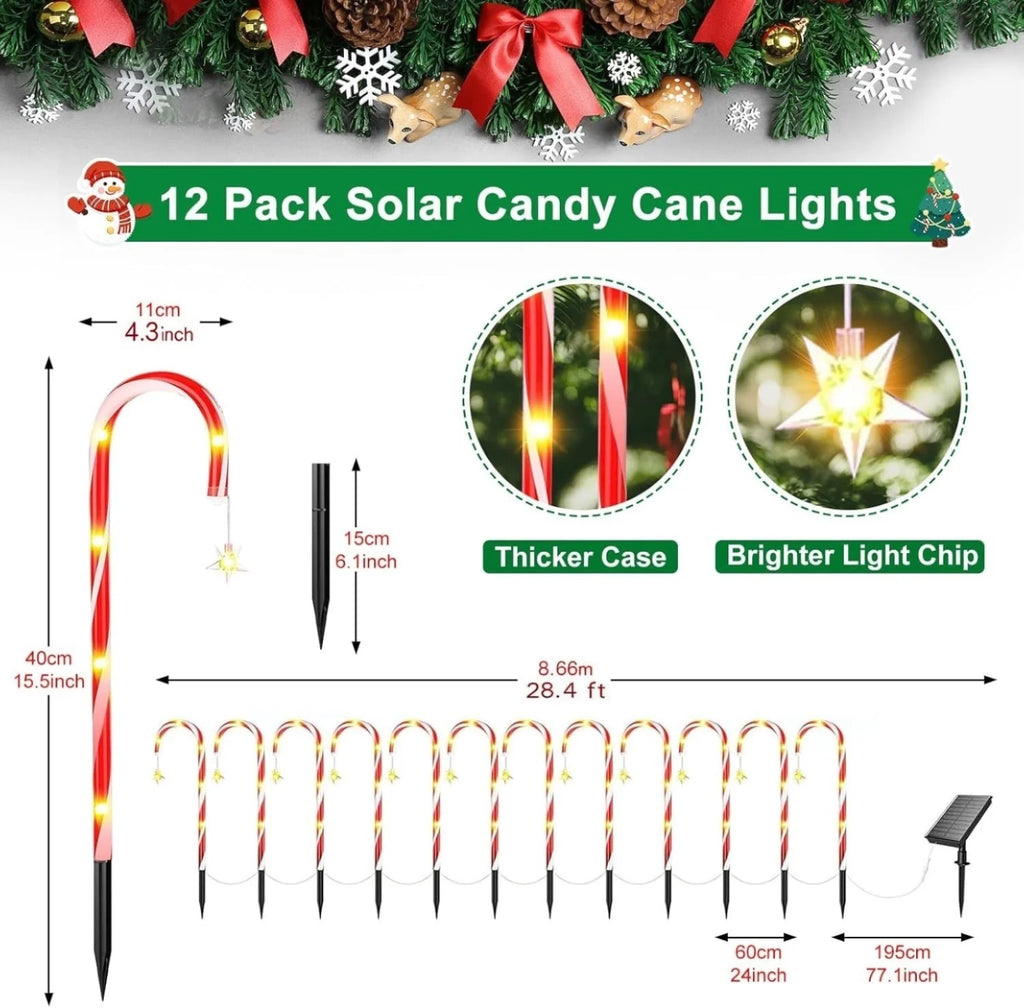12Pack outside Christmas Decorations Solar Candy Cane Lights, 72Led 8 Modes Waterproof Solar Christmas Holiday Outdoor Lights for Lawns Pathway Lights