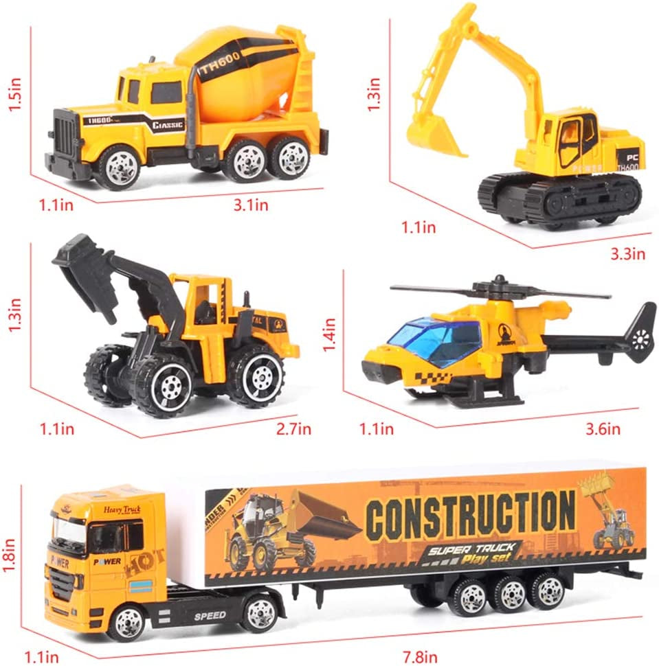 Construction Toy Truck Die-Cast Vehicle Transporter Set with Excavator, Dump Truck, Digger, and Backhoe for Children Aged 3-5 Years