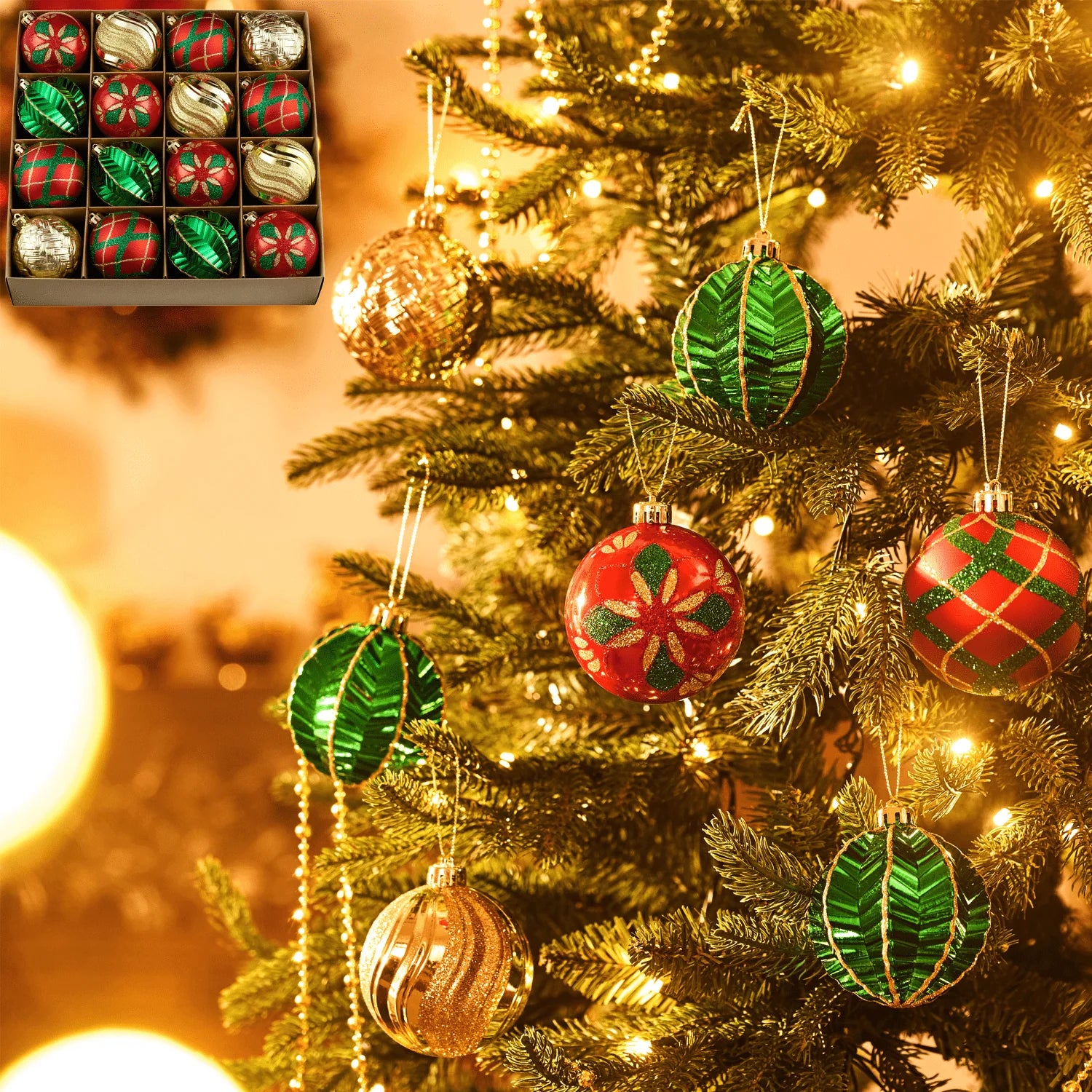 16Ct 3.15" Christmas Ornaments, Red Green Gold Christmas Balls Ornaments for Party Decor