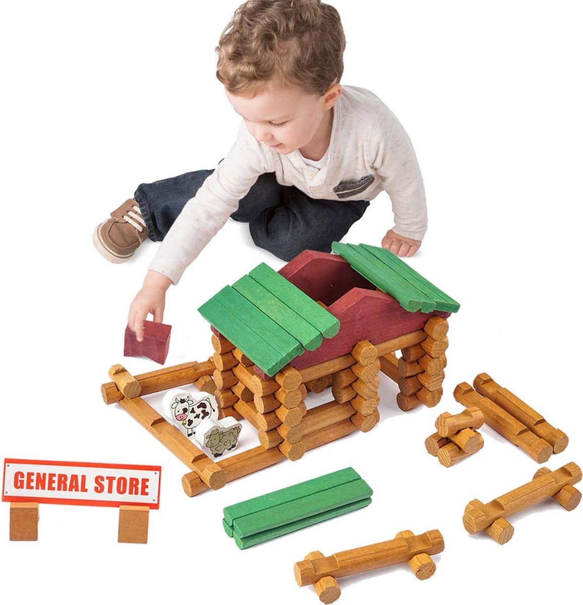 170-Piece Classic Wooden Building Log Set - Creative Construction Educational Gift for Children Ages 3 and Up