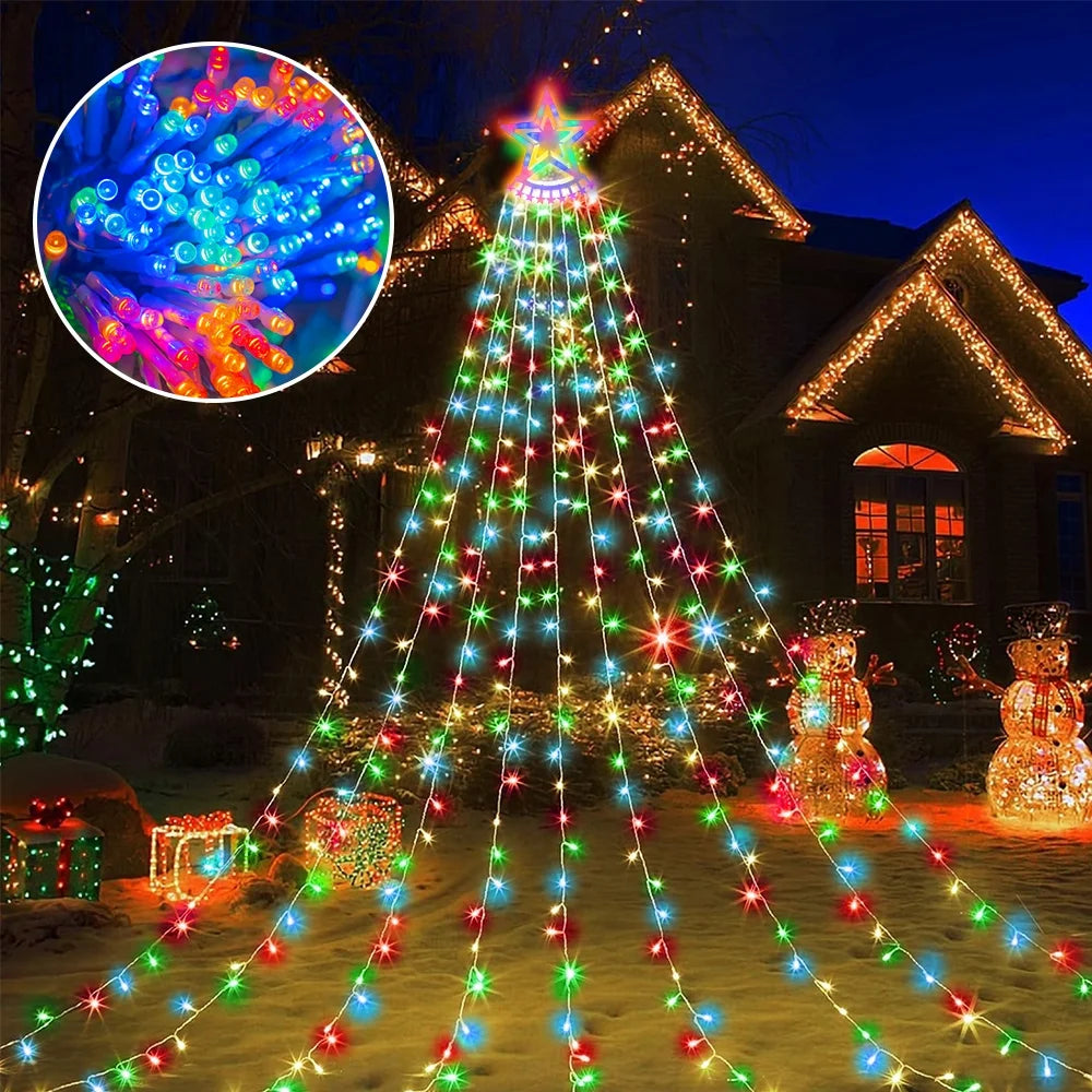 Christmas Lights with Star, 350 LED 25.8FT Star Waterfall String Christmas Fairy Lights with 8 Modes for Outdoor & Indoor Decoration, Multicolor