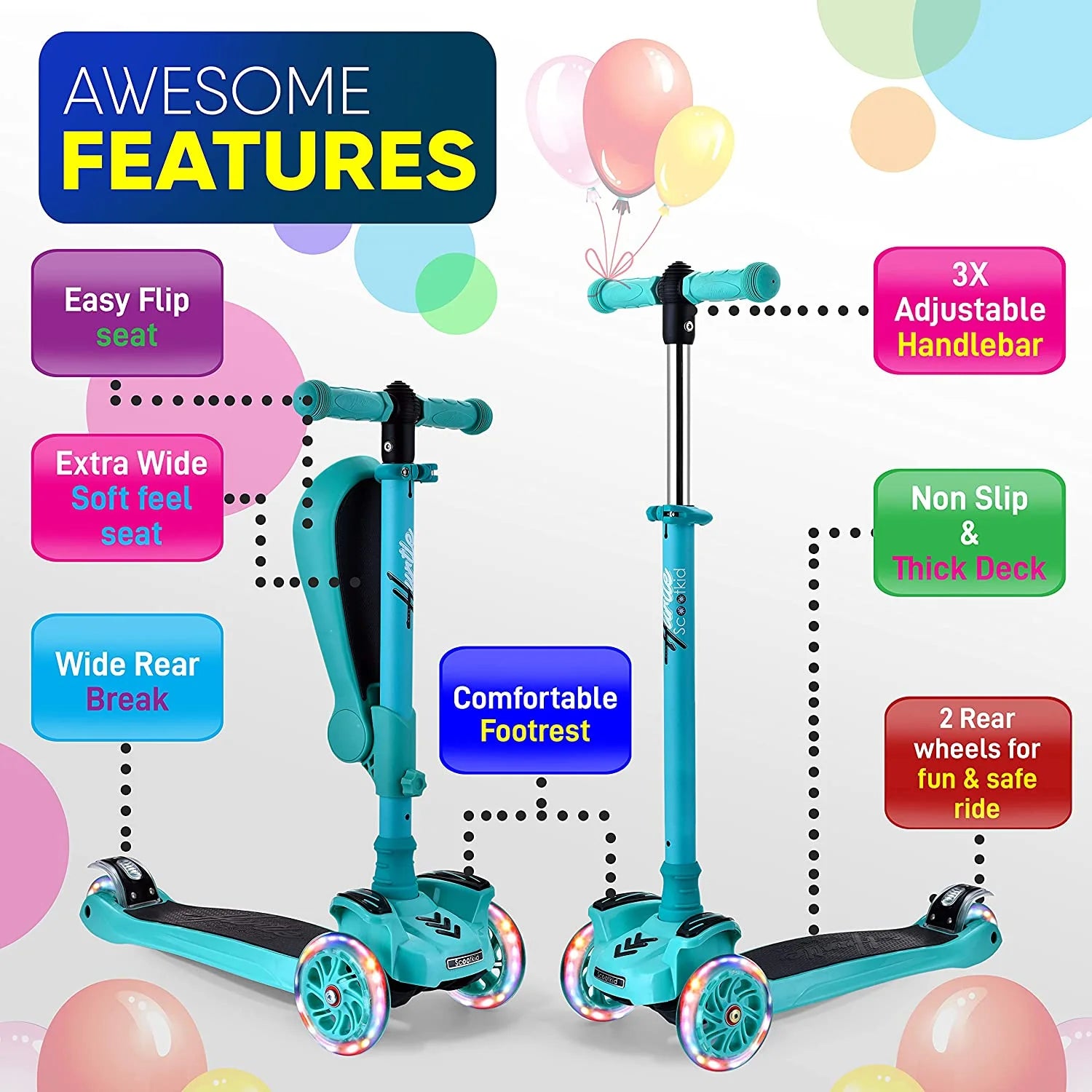 Scootkid Teal Blue 3-Wheel Kids Scooter with LED Wheel Lights & Comfort Seat - Perfect for Toddlers Ages 1+