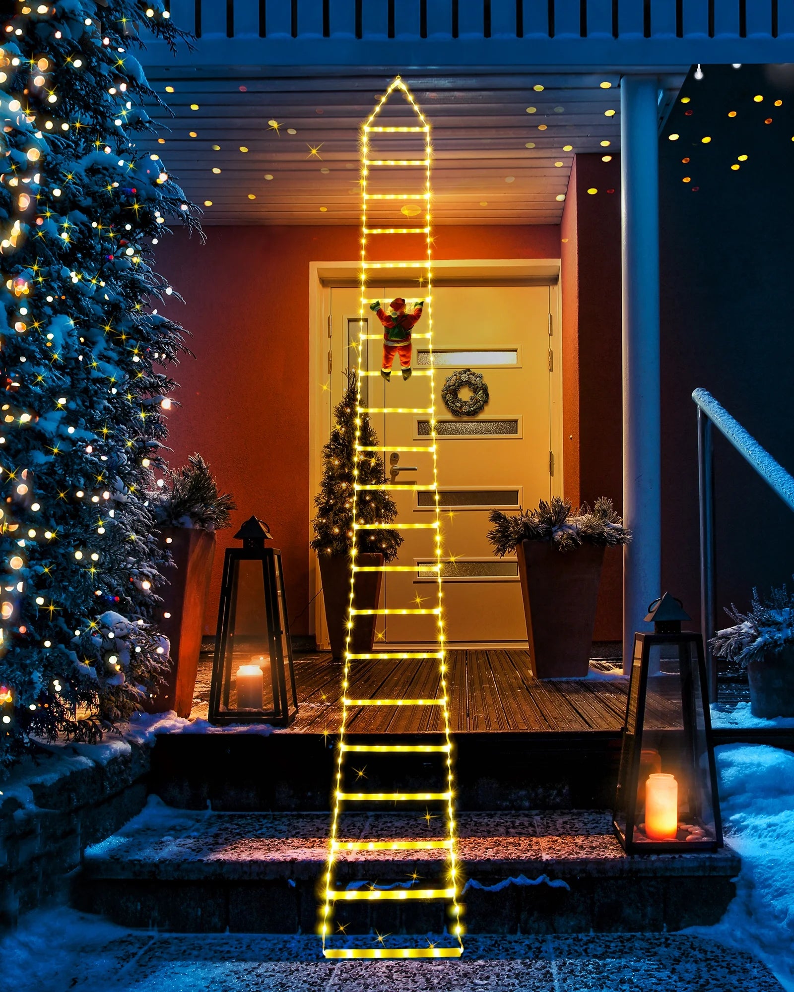 Christmas Lights Outdoor, 10Ft Christmas Decorative Ladder Lights with Santa Claus, LED Christmas Lights for Porch, Window, Xmas Tree Decorations (Warm White)