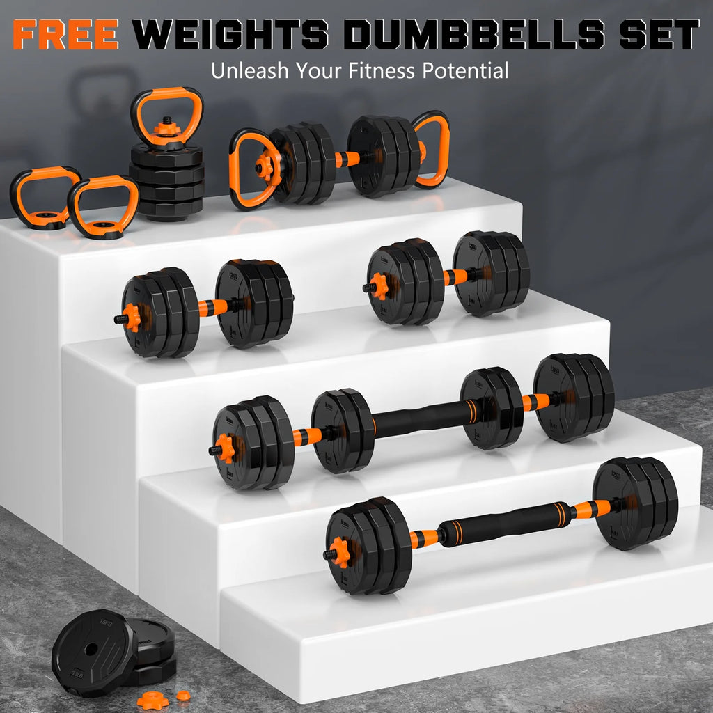 66Lb 4-in-1 Adjustable Dumbbells Set - Versatile Free Weight Set for Home Gym, Includes Barbell, Kettlebells & Push-Up Stand for All Fitness Levels