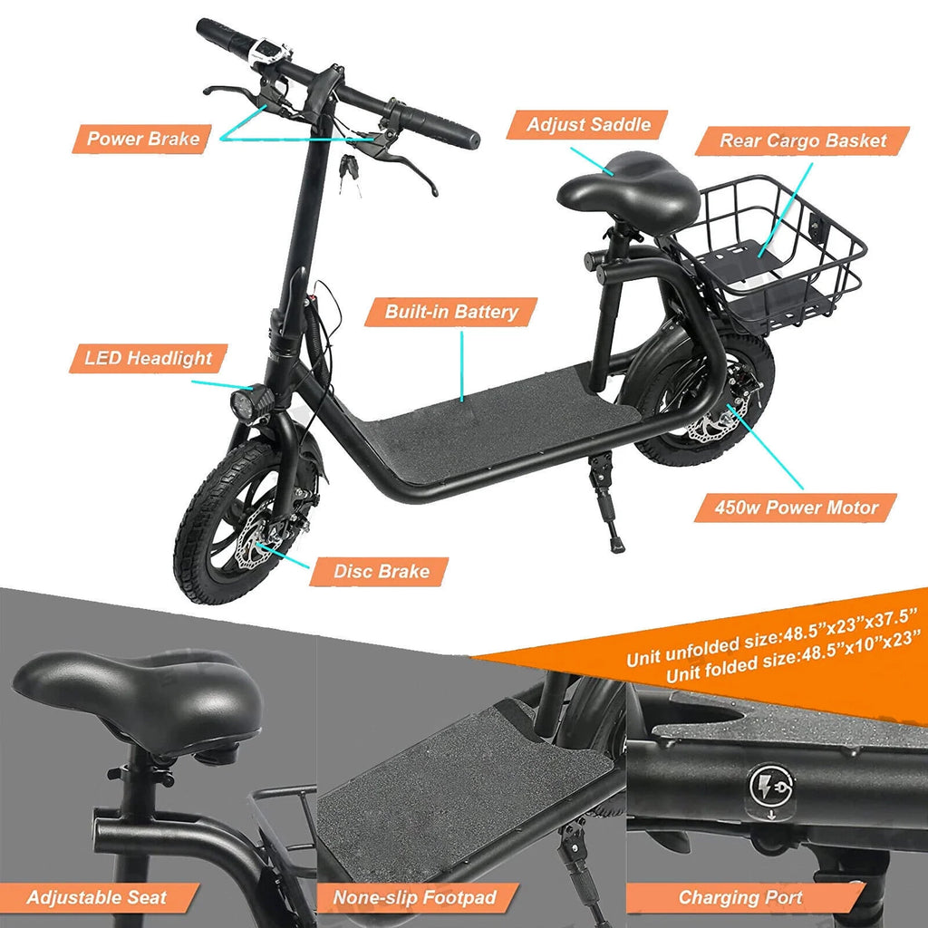 450W 36V Folding Electric Scooter - Powerful E-Scooter with 12" Tires & Comfortable Seat for Adults - Ideal Commuter Electric Bike in Sleek Black