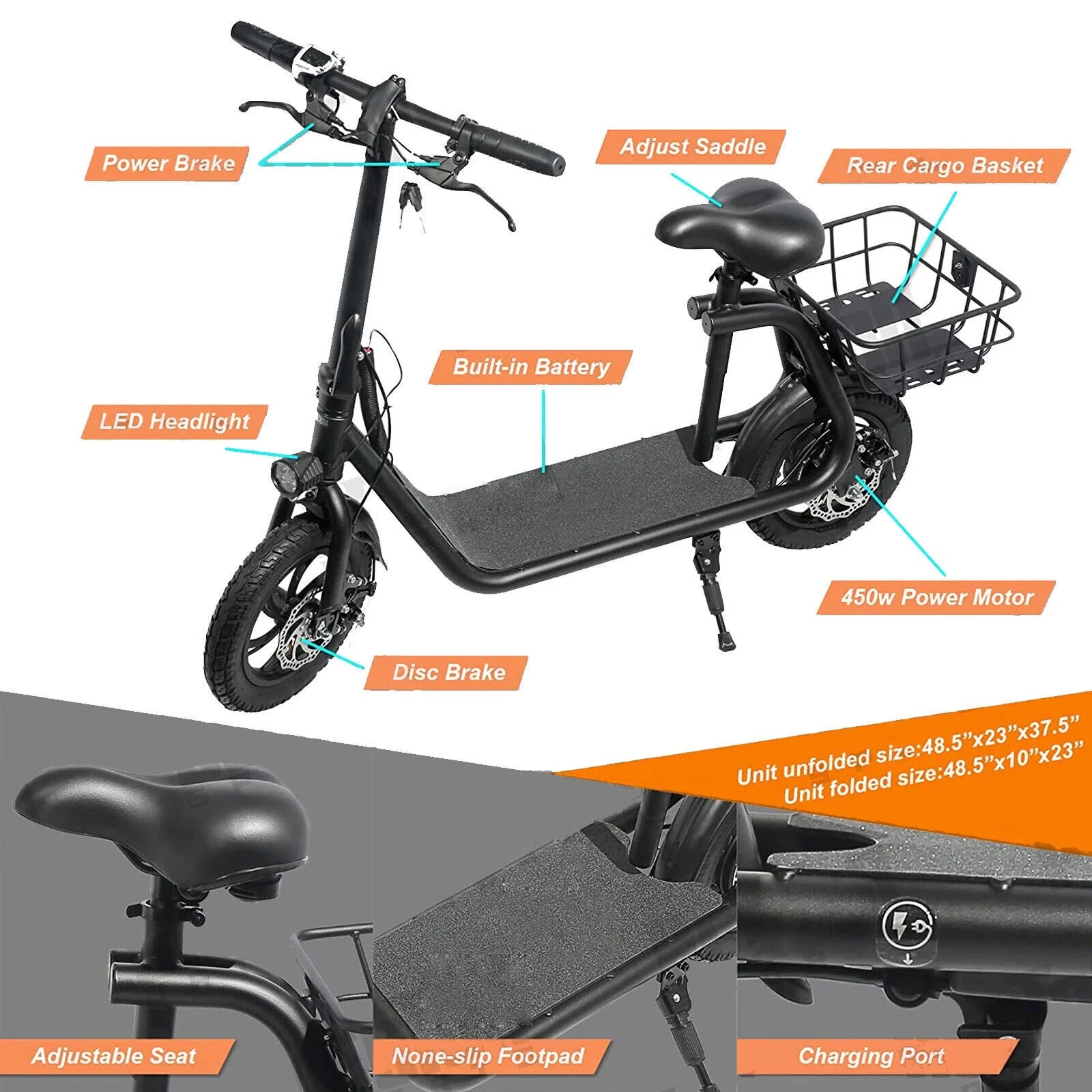 450W 36V Folding Electric Scooter - Powerful E-Scooter with 12" Tires & Comfortable Seat for Adults - Ideal Commuter Electric Bike in Sleek Black
