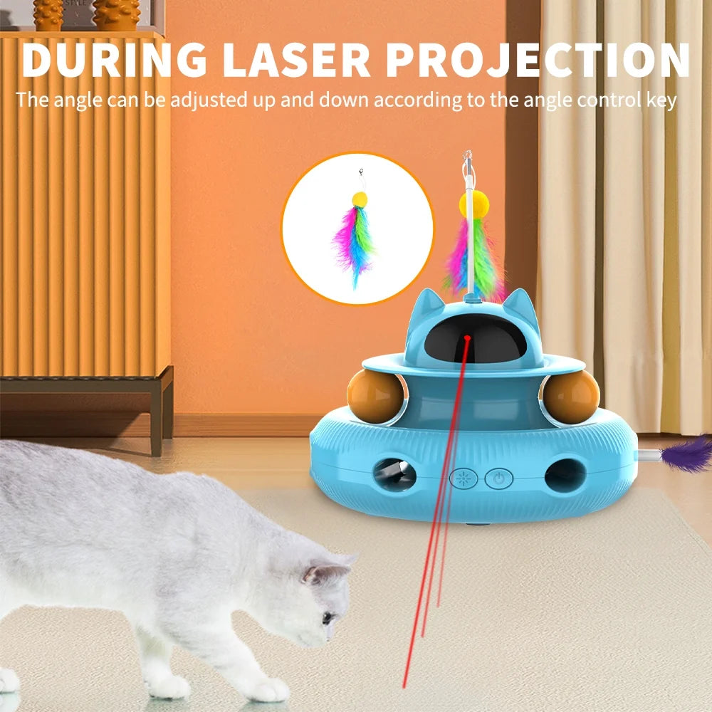 4-in-1 Interactive Indoor Cat Toy - Laser & Retractable Feather Wand, USB Rechargeable, Fun Blue Design