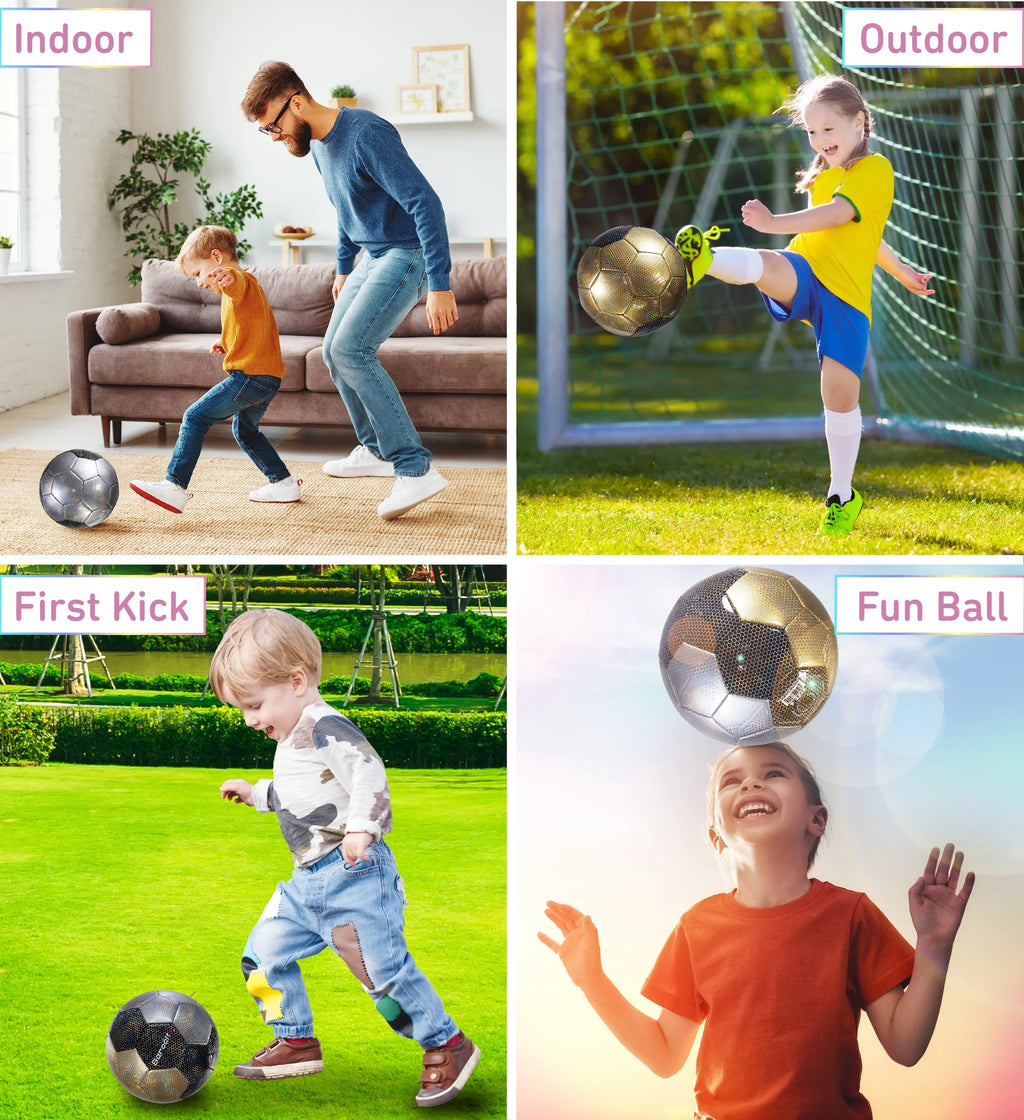 Barocity Premium Size 3 Soccer Ball - Silver, Black, Gold with Reflective Iridescent Rainbow Hex Pattern for Kids - Perfect for Indoor & Outdoor Play!