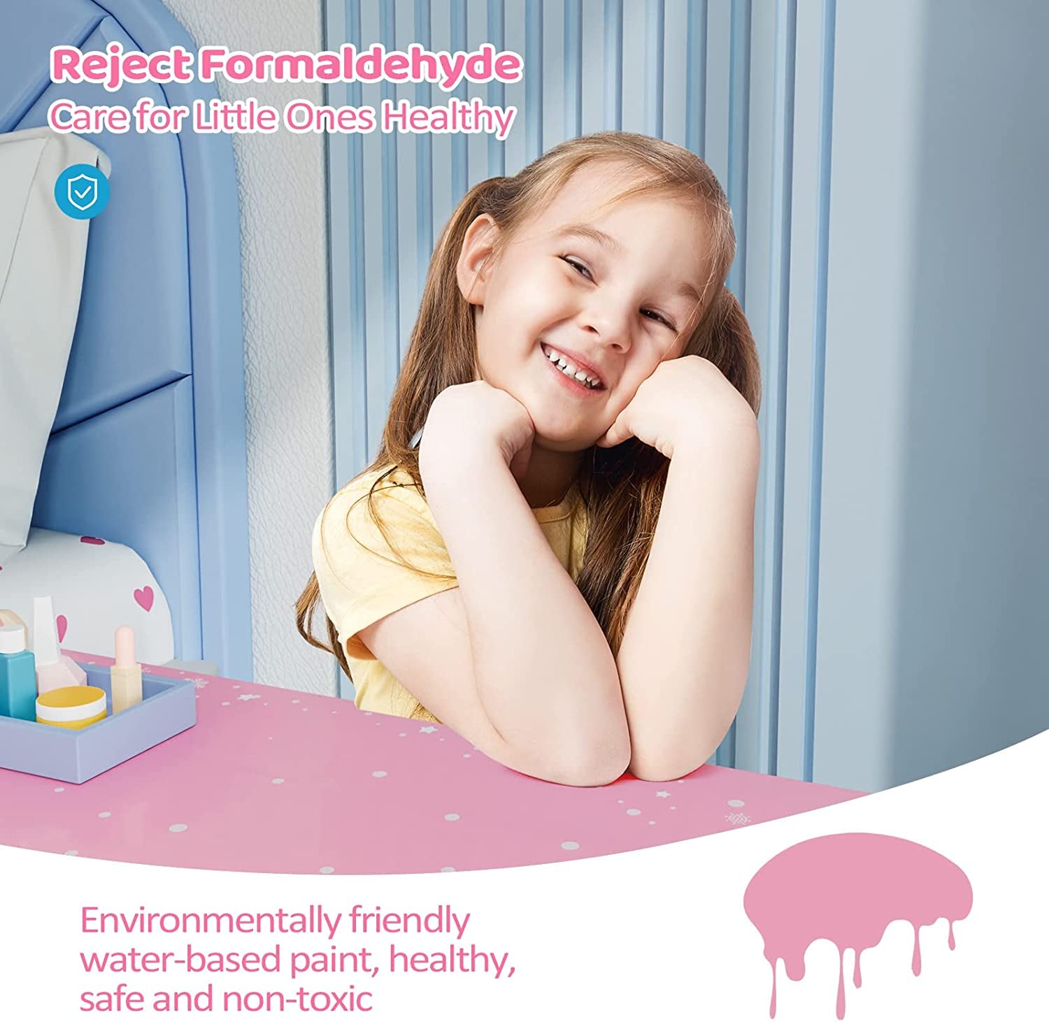 Pink Kids Vanity Set - Wooden Princess Makeup Table with Tri-Folding Mirror & Stool, Perfect Pretend Play Beauty Set for Girls