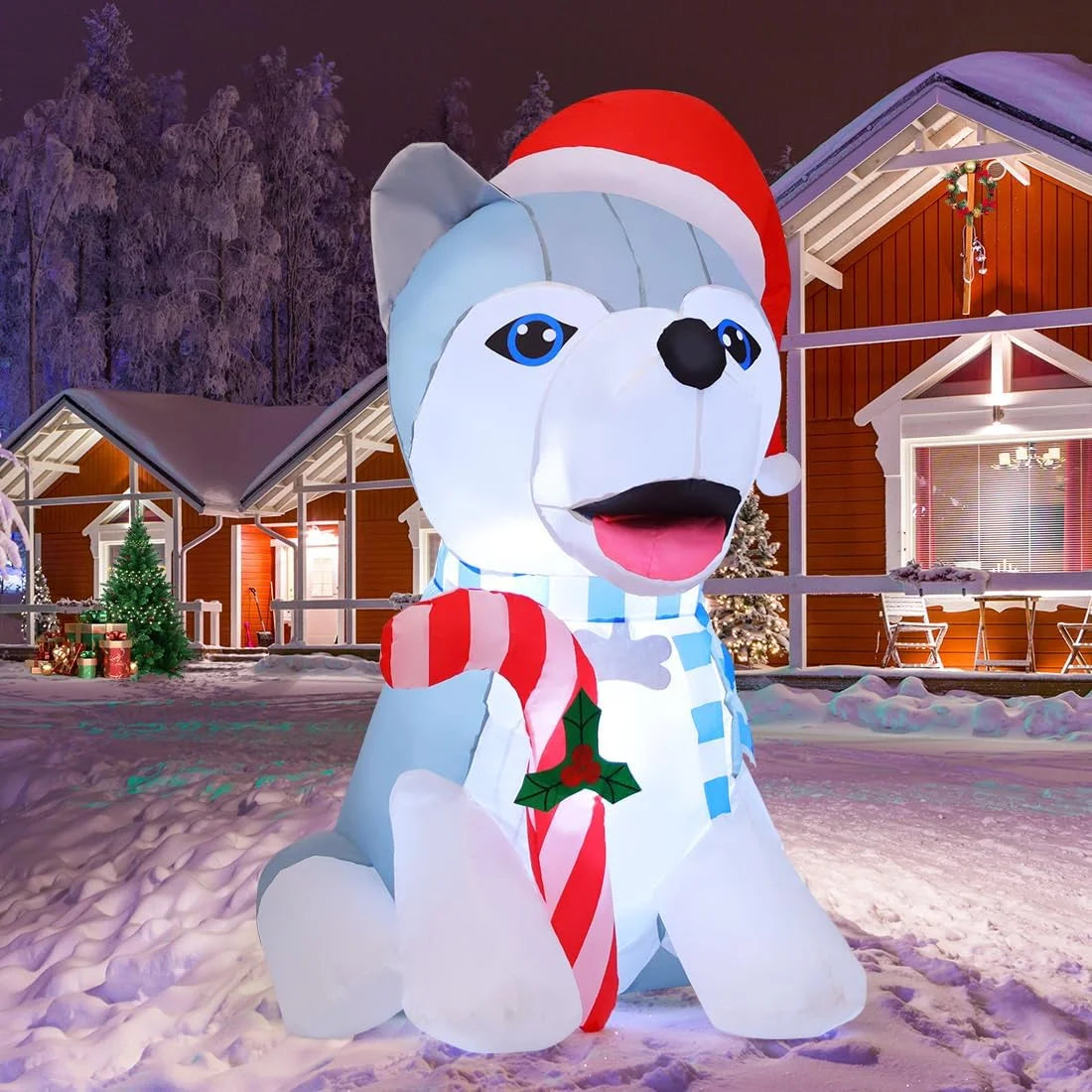 4 FT Christmas Inflatables Outdoor Dog Christmas Decorations Inflatable Christmas Dog Blow up Husky Dogs Holding Candy Cane Christmas Decoration with Built-In Leds for Xmas Party Garden Decor