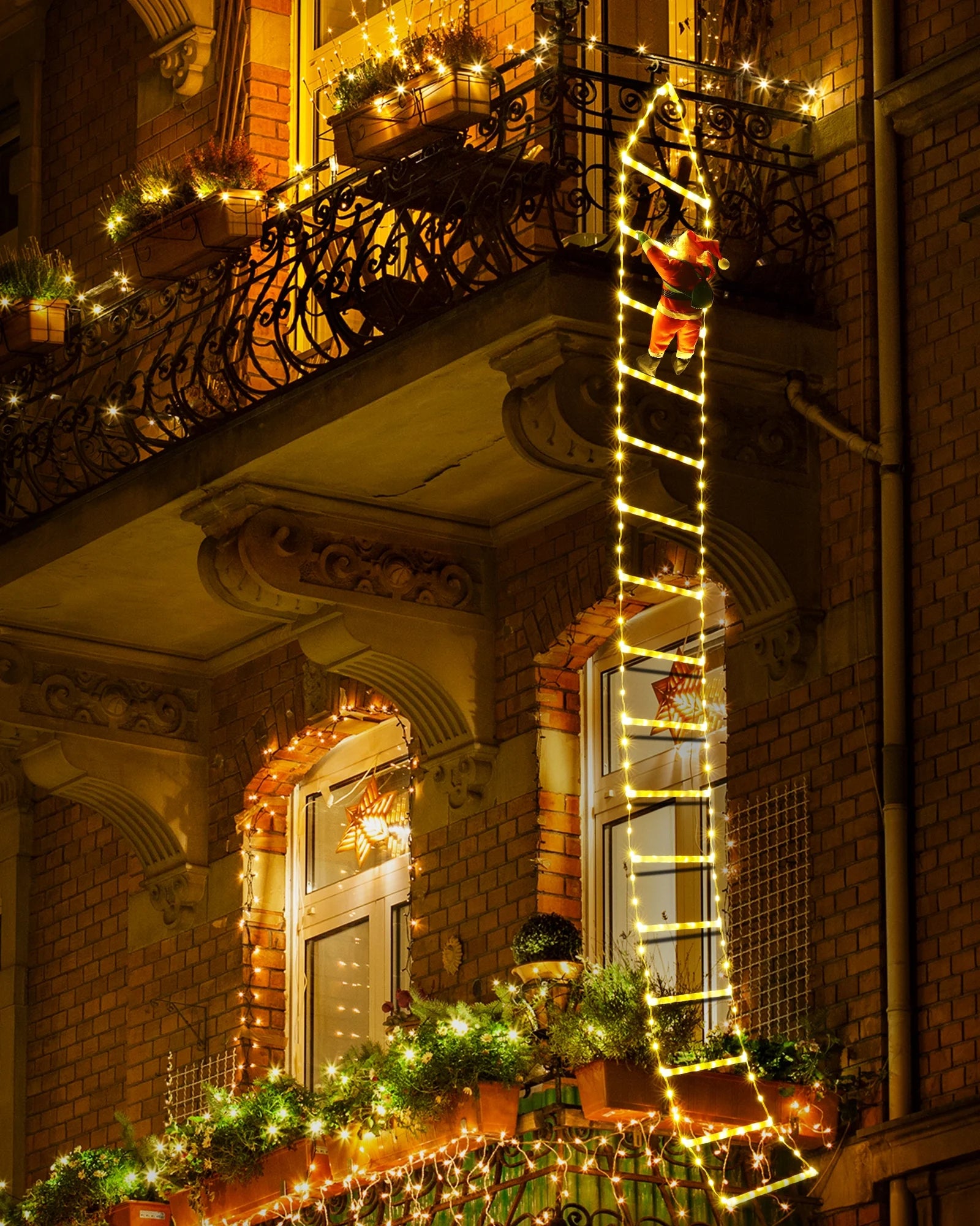 Christmas Lights Outdoor, 10Ft Christmas Decorative Ladder Lights with Santa Claus, LED Christmas Lights for Porch, Window, Xmas Tree Decorations (Warm White)