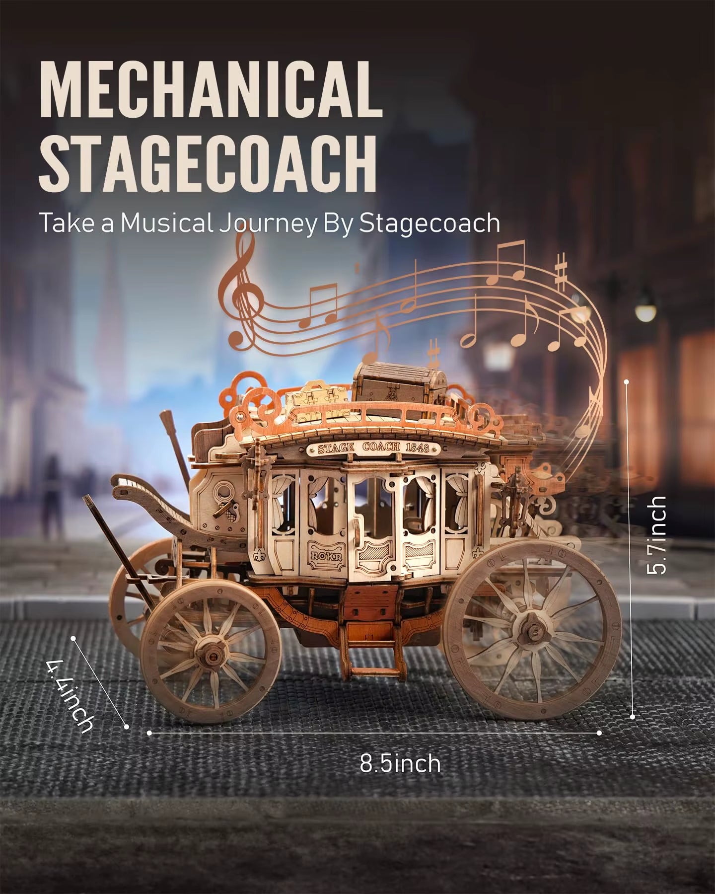 Enchanting  Rokr Stagecoach Music Box 3D Wooden Puzzle - Perfect Gift for Birthdays, Anniversaries & Hobbyists! Easy to Build STEM Kit for Adults