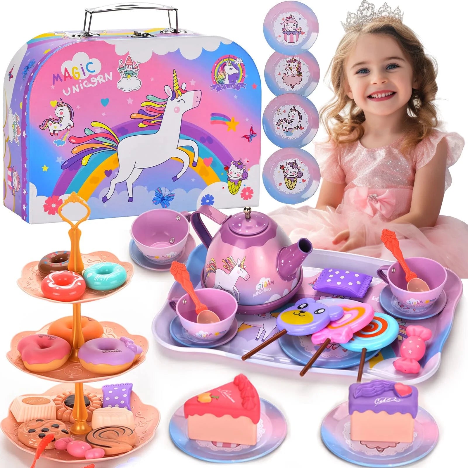 48-PIECE PLAY TEA PARTY SET FOR GIRLS: AGES 3-6, PRINCESS AND UNICORN THEMES