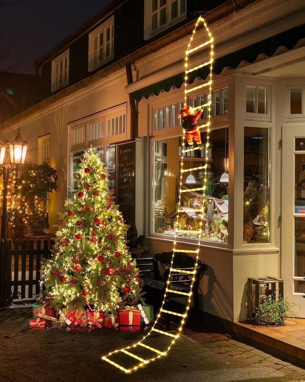 Christmas Lights Outdoor, 10Ft Christmas Decorative Ladder Lights with Santa Claus, LED Christmas Lights for Porch, Window, Xmas Tree Decorations (Warm White)